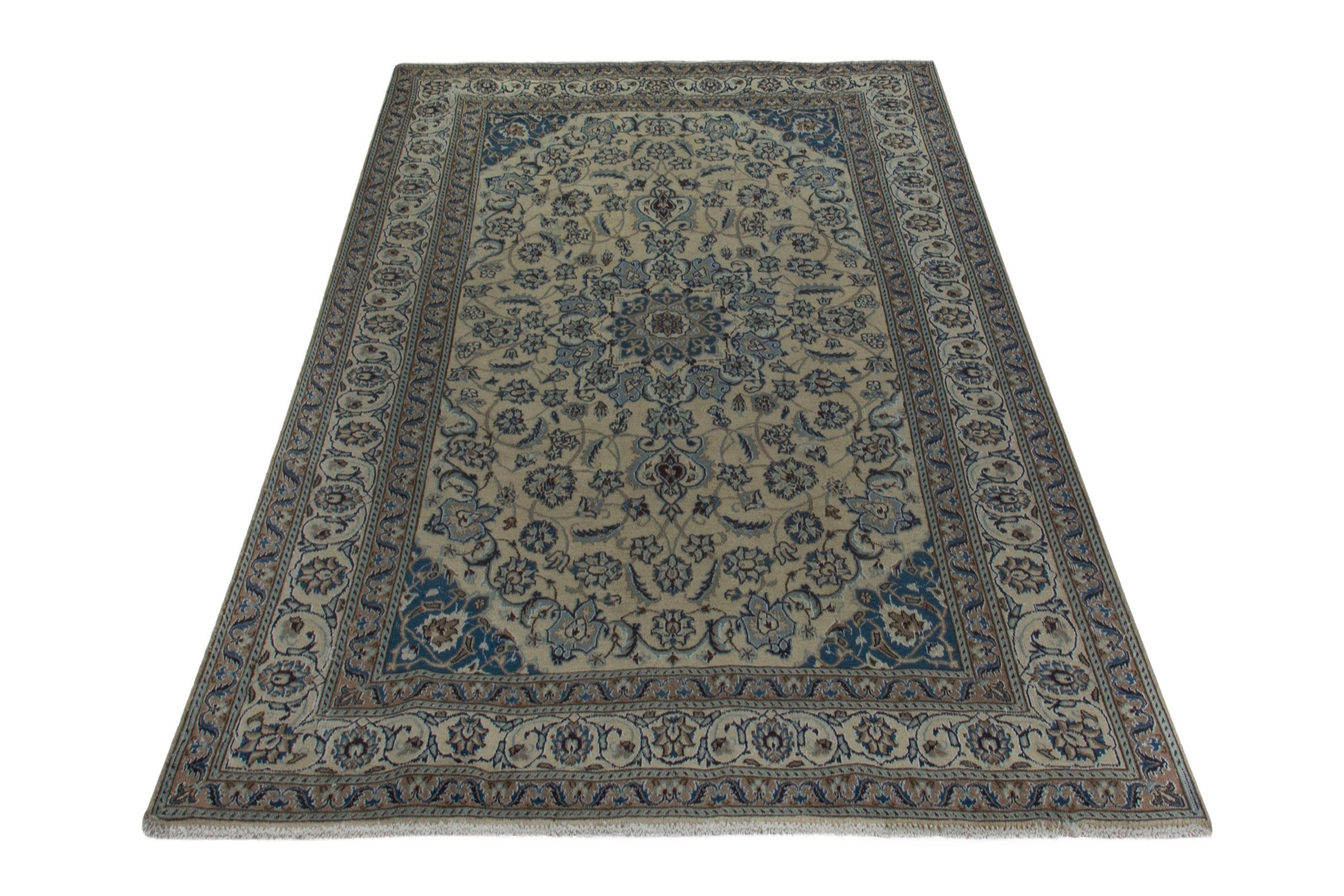 Persian Nain area rug in cream and denim, view 2 of 19