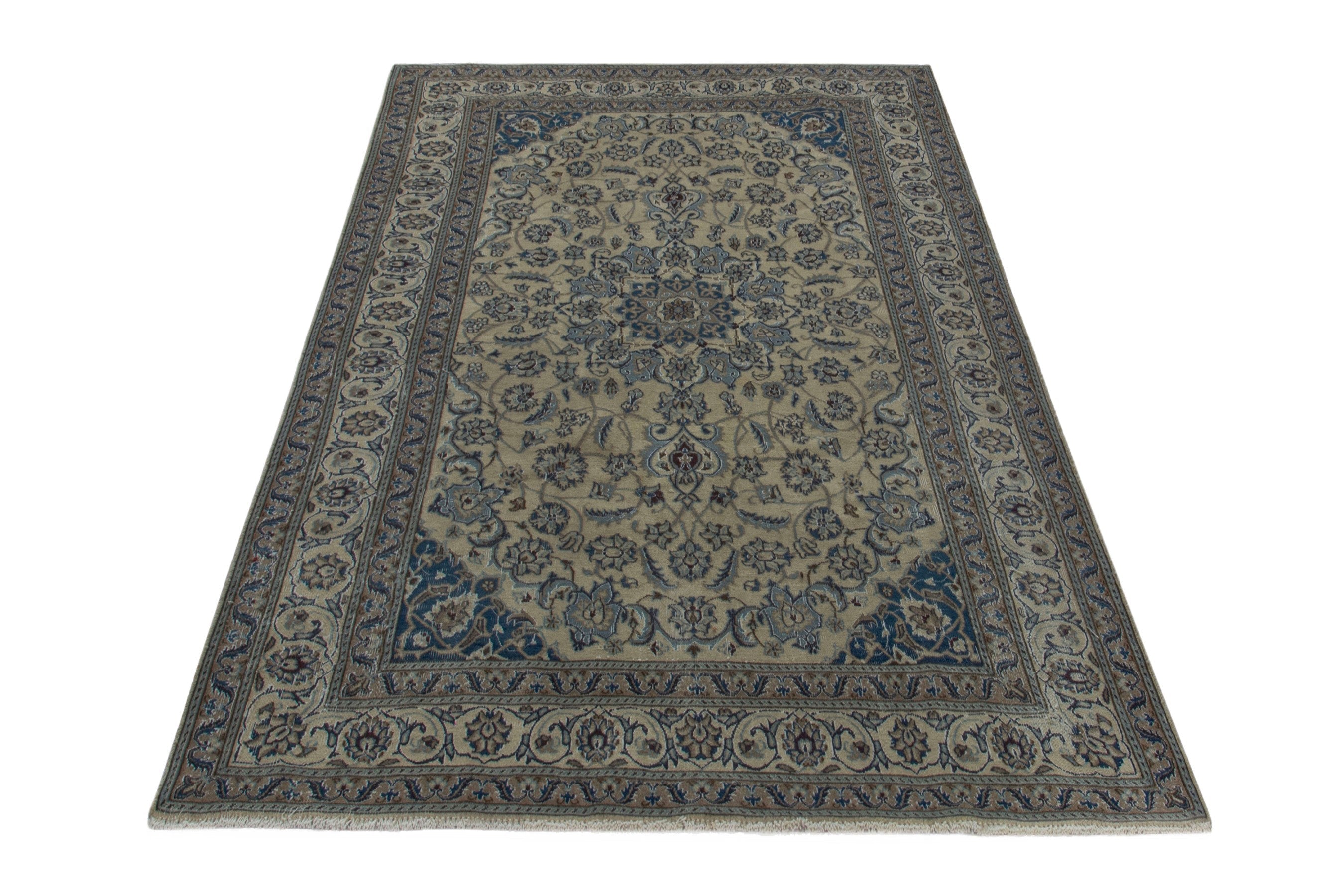 Persian Nain area rug in cream and denim, view 3 of 19