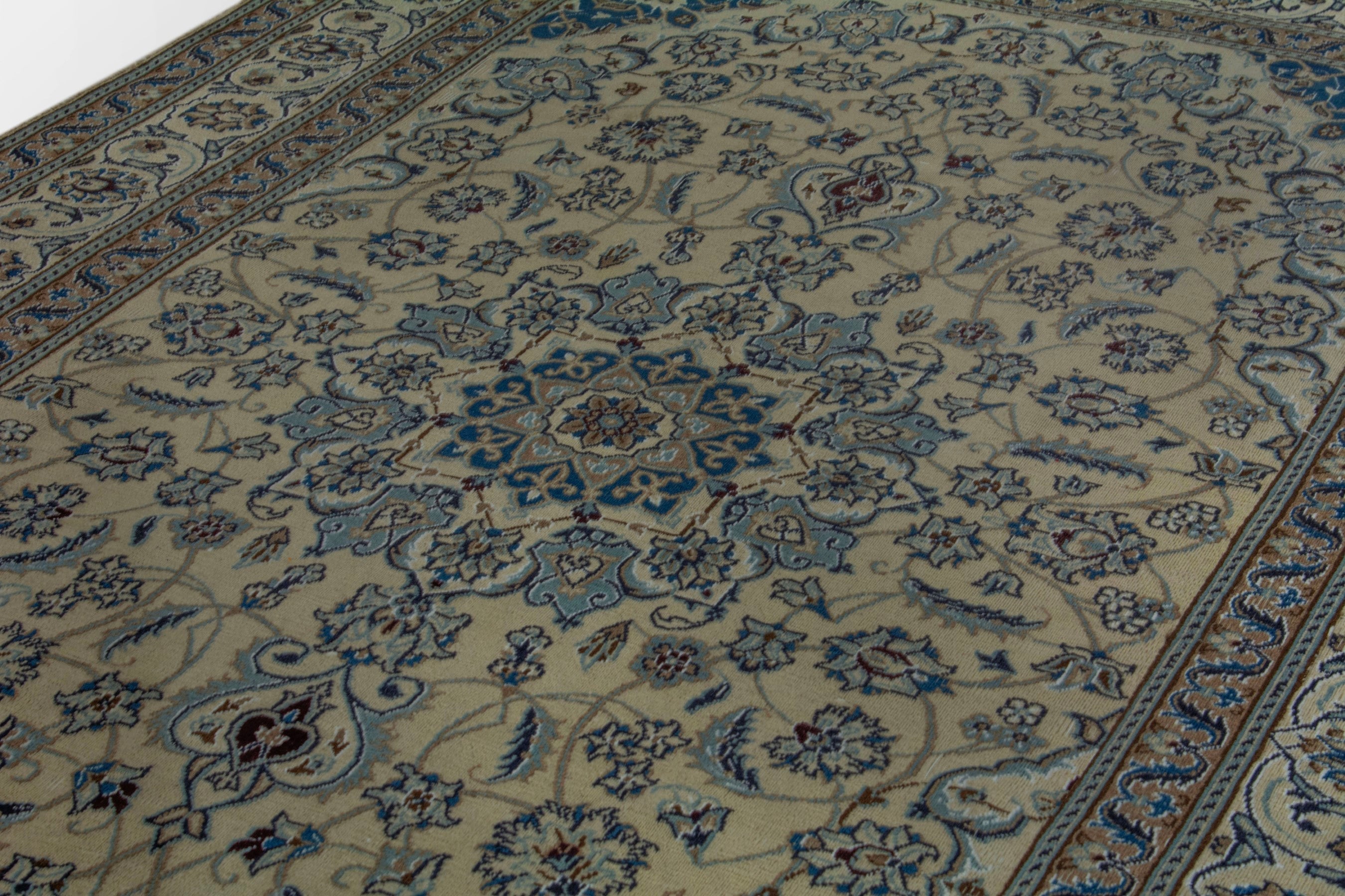 Persian Nain area rug in cream and denim, view 7 of 19