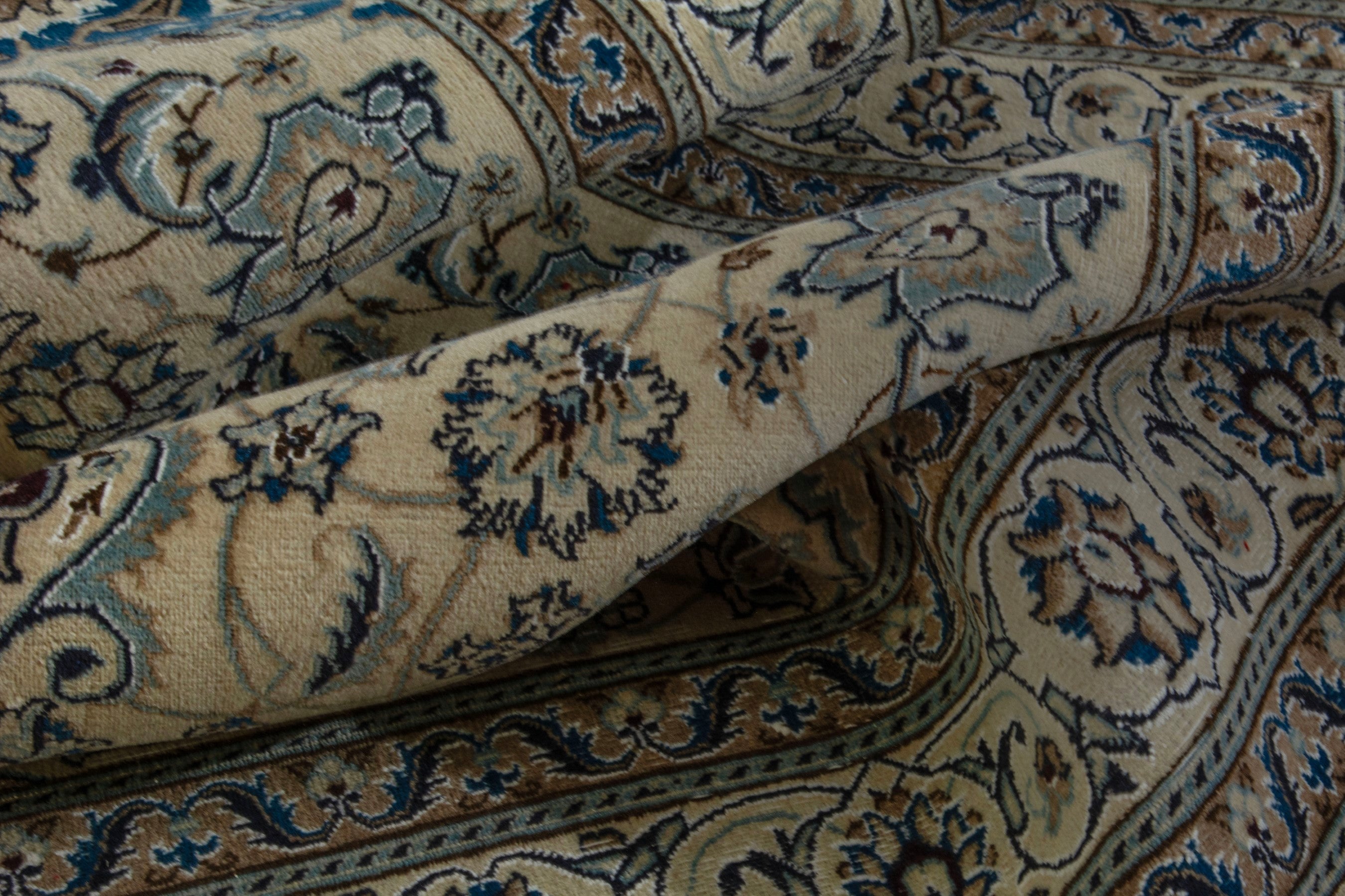 Persian Nain area rug in cream and denim, view 17 of 19