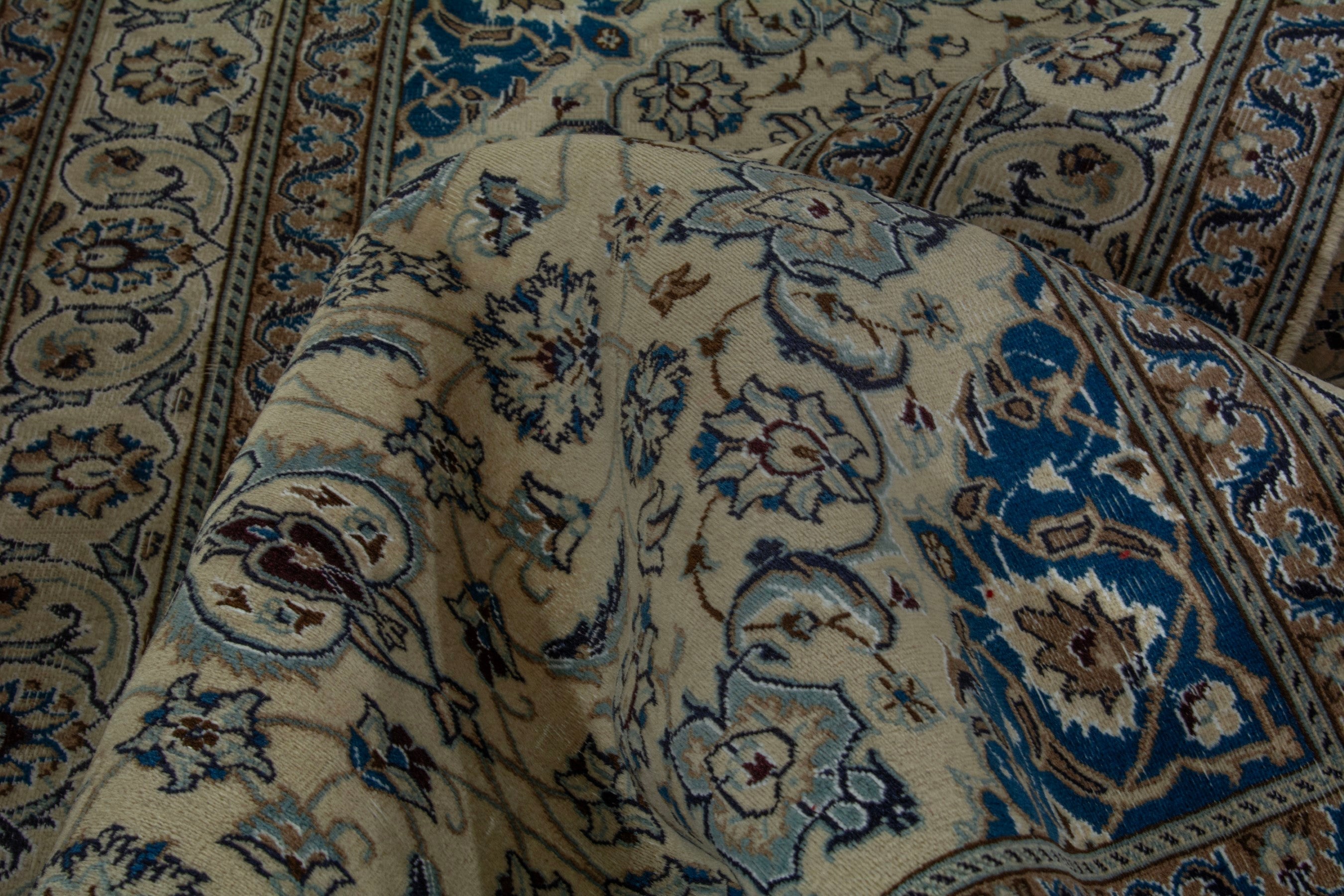 Persian Nain area rug in cream and denim, view 18 of 19