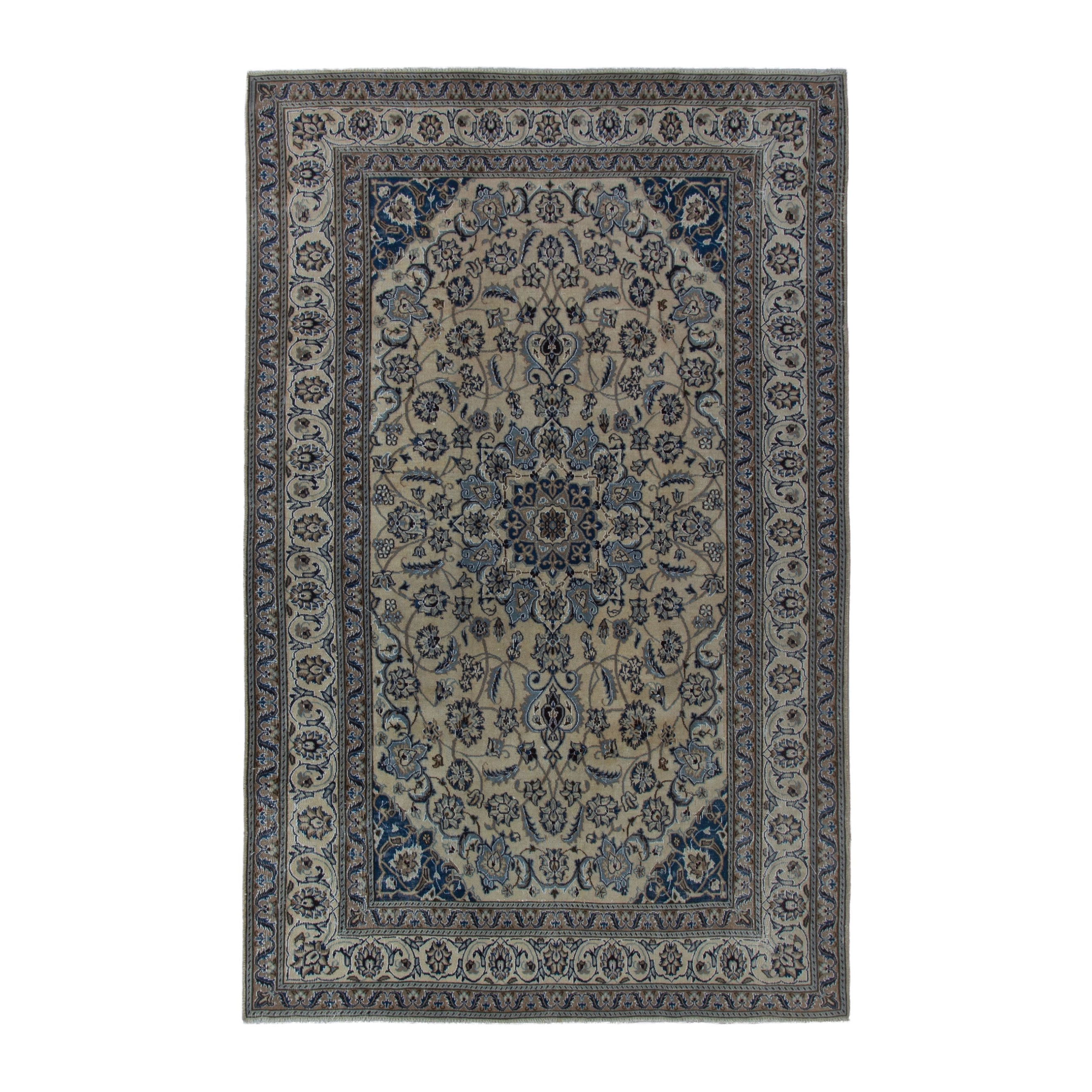 Persian Nain area rug in cream and denim, 6'4" x 9'10"