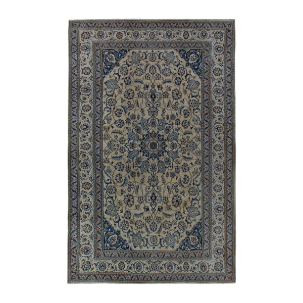 Persian Nain area rug in cream and denim, 6'4" x 9'10"