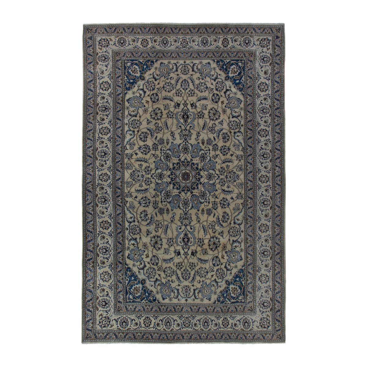Persian Nain area rug in cream and denim, 6'4" x 9'10"