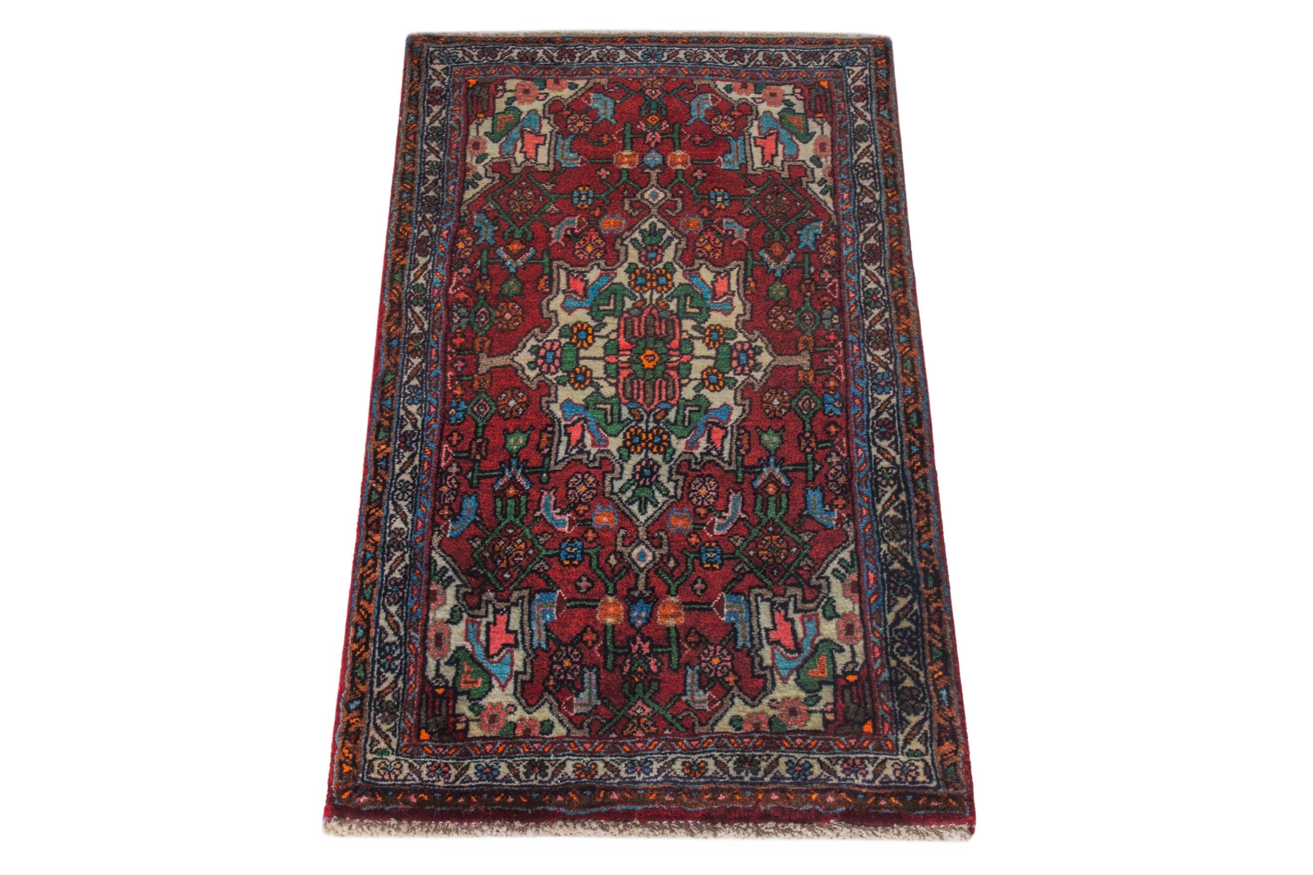 Persian Bijar accent rug in deep red and off-white, view 2 of 9