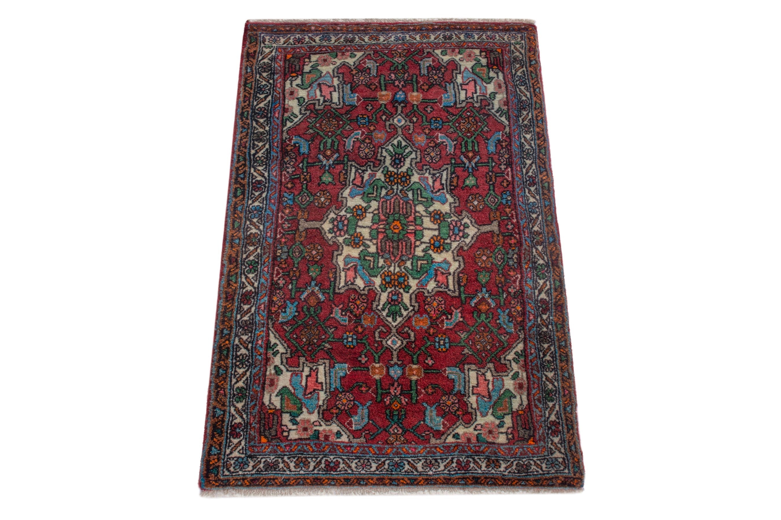 Persian Bijar accent rug in deep red and off-white, view 3 of 9