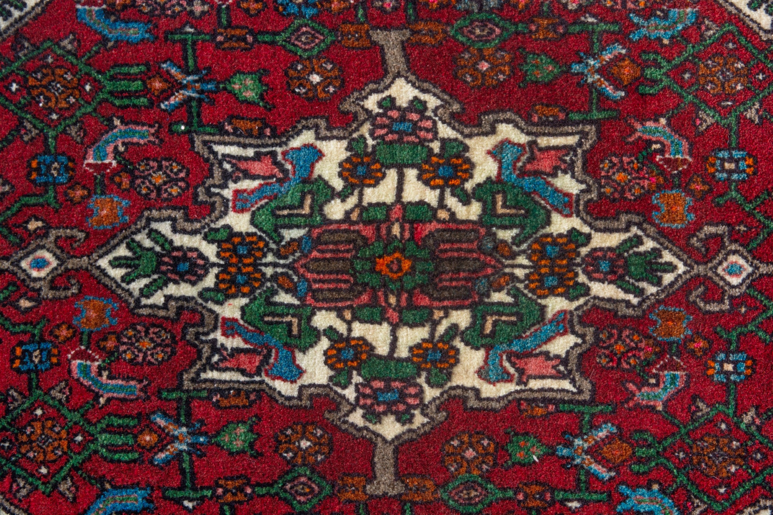 Persian Bijar accent rug in deep red and off-white, view 7 of 9