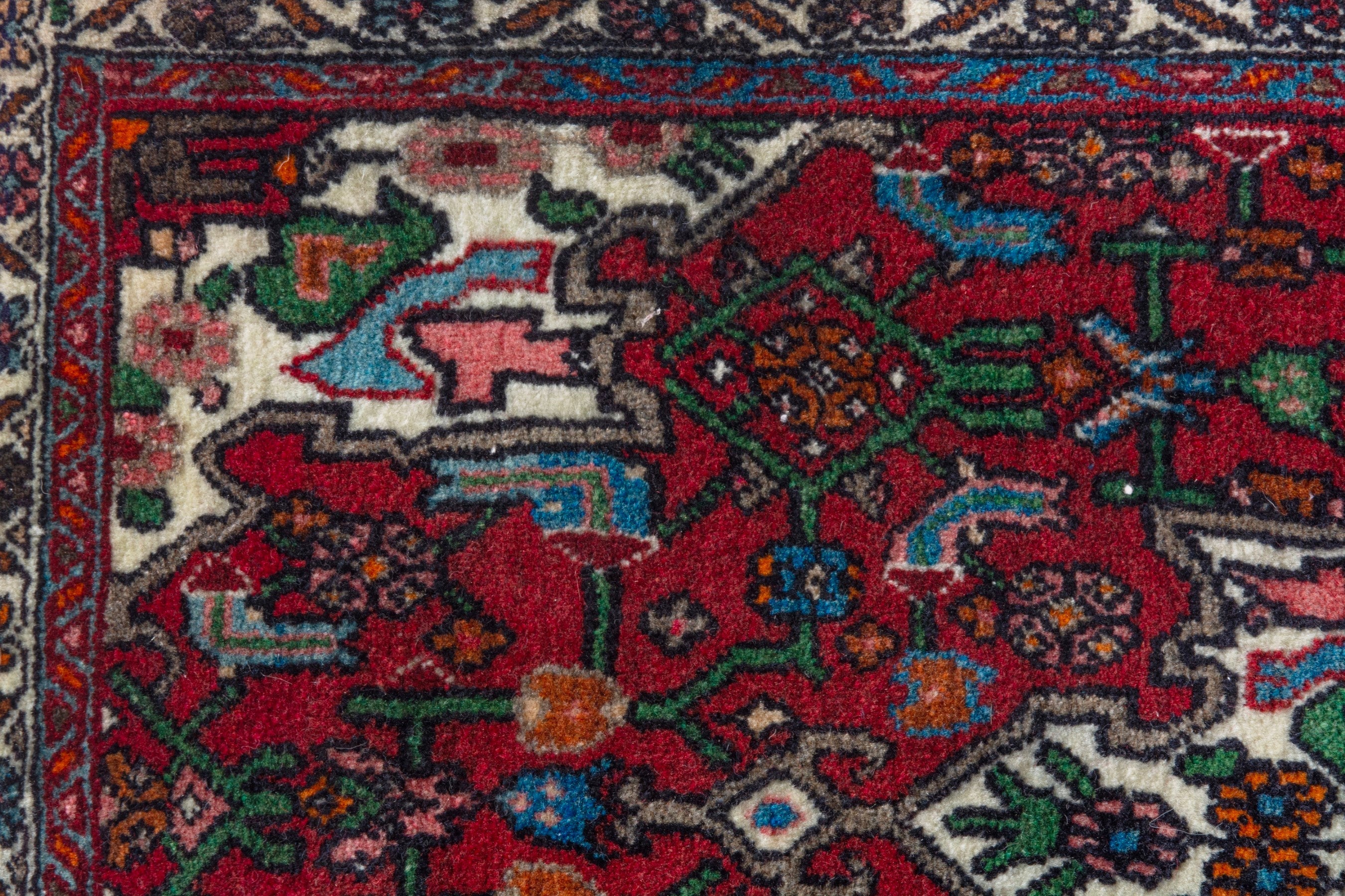 Persian Bijar accent rug in deep red and off-white, view 8 of 9