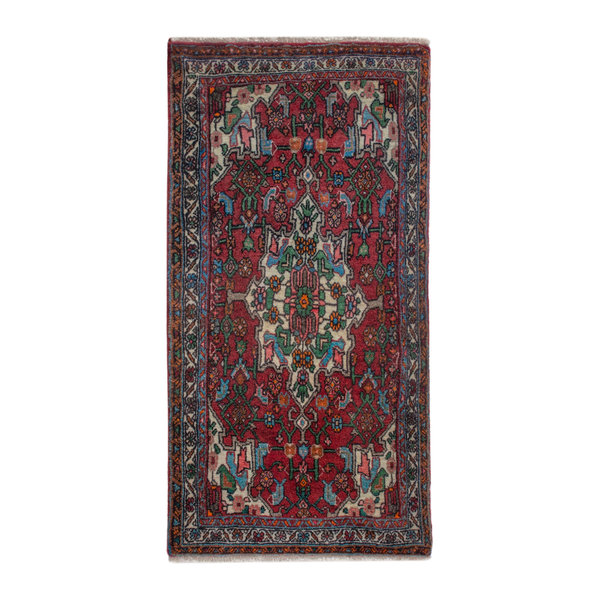 Persian Bijar accent rug in deep red and off-white, 1'10" x 3'3"