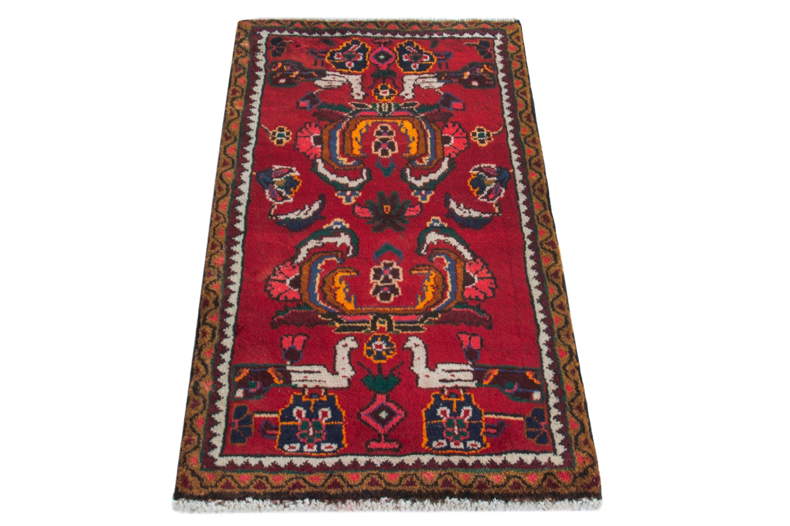 Persian Hamedan accent rug in deep red and burnt orange, view 2 of 9