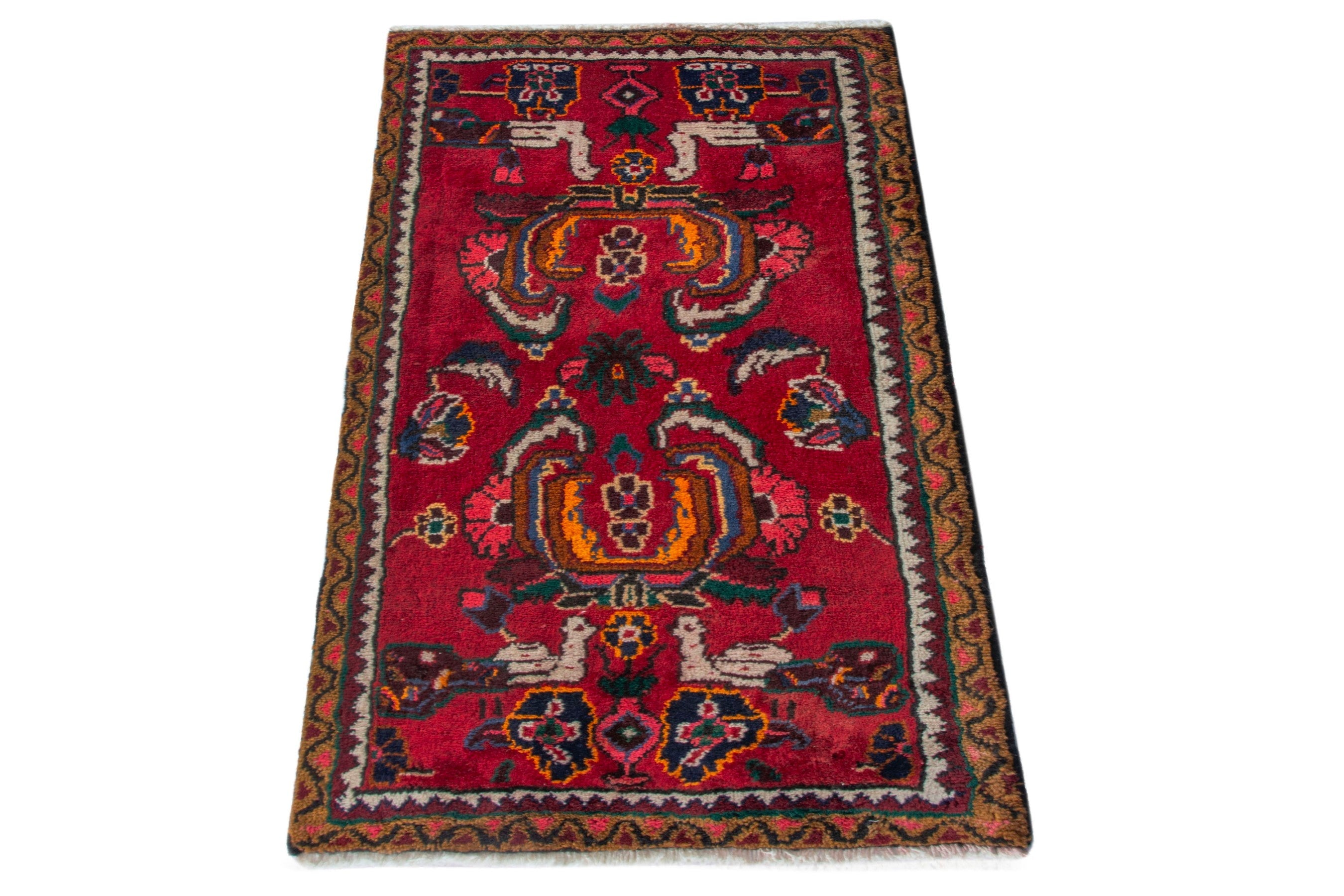 Persian Hamedan accent rug in deep red and burnt orange, view 3 of 9