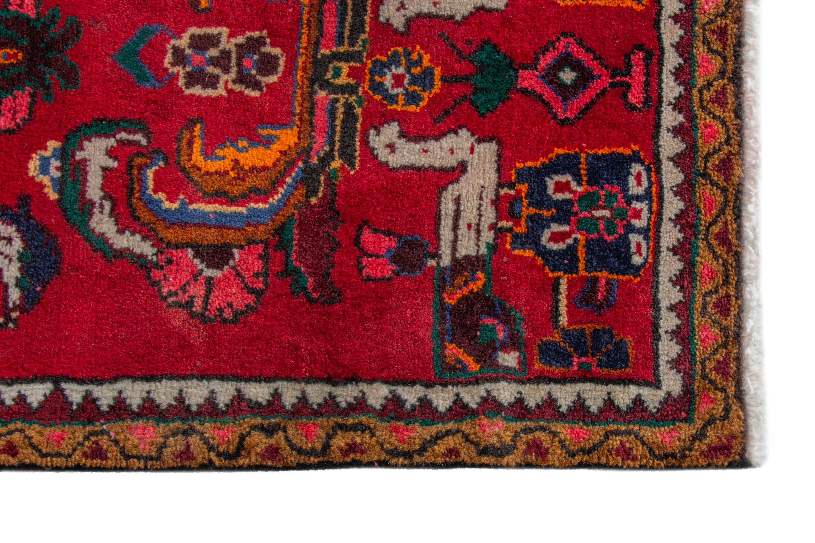 Persian Hamedan accent rug in deep red and burnt orange, view 5 of 9
