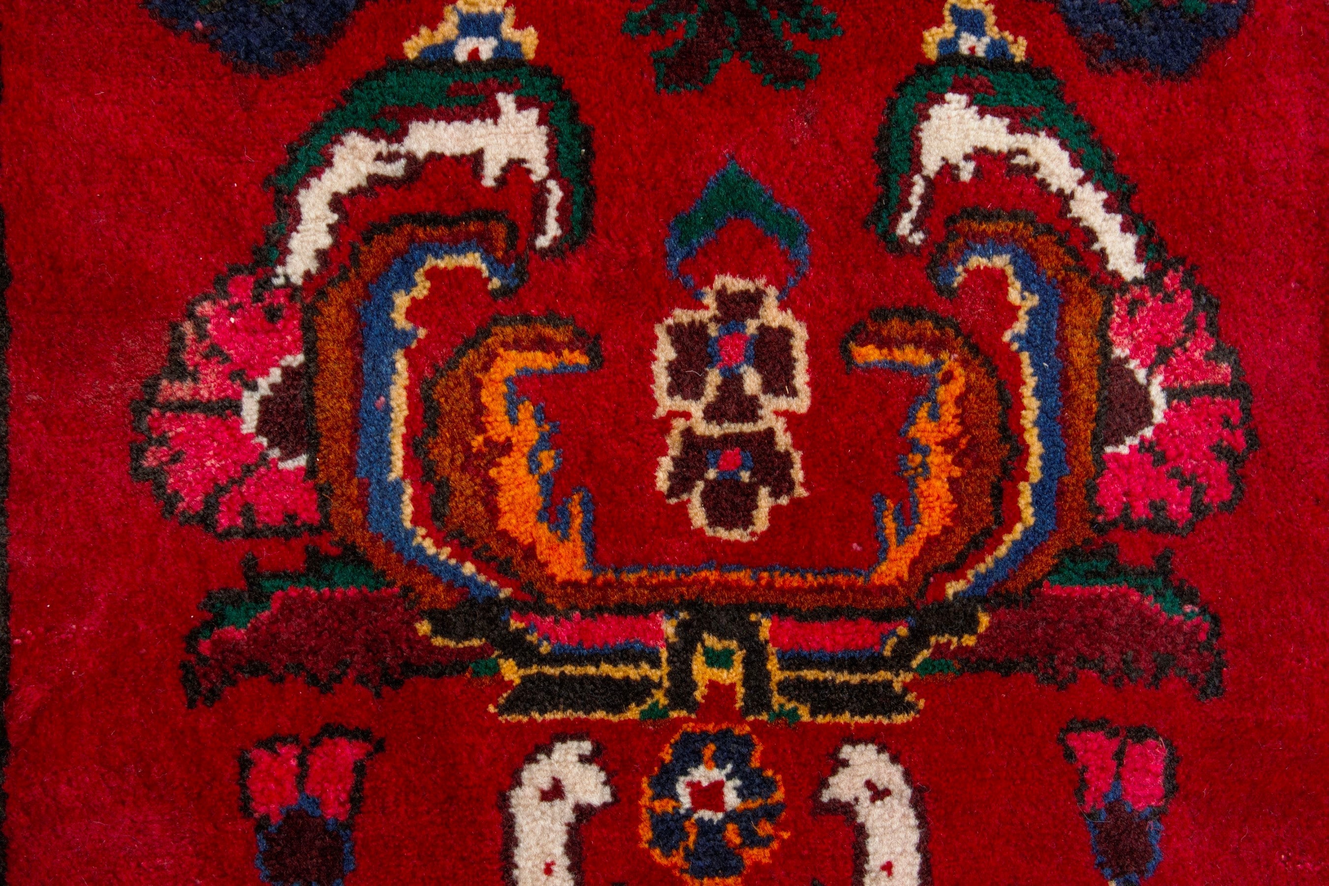 Persian Hamedan accent rug in deep red and burnt orange, view 8 of 9