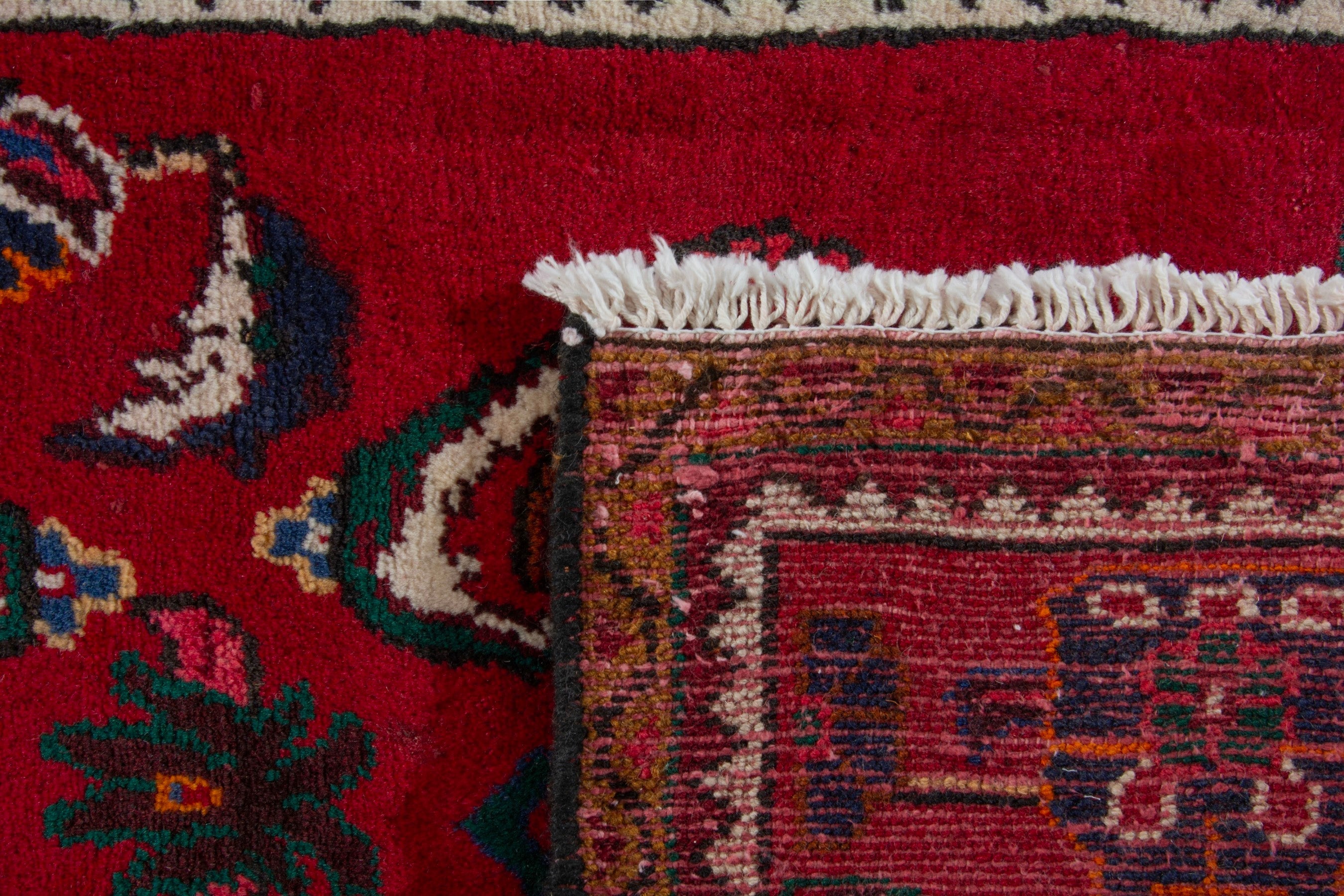 Persian Hamedan accent rug in deep red and burnt orange, view 6 of 9