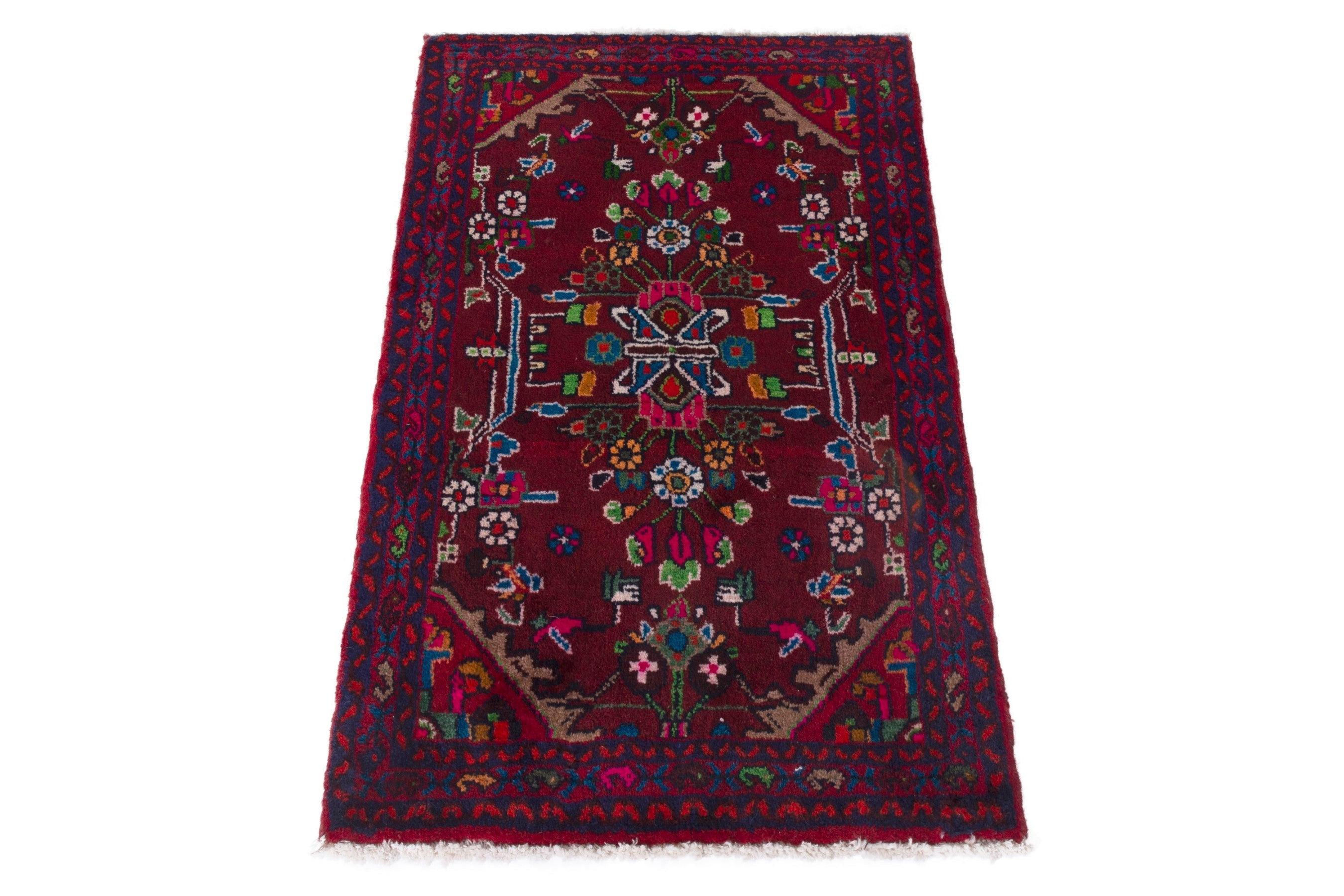Persian Hamedan accent rug in burgundy and deep red, view 2 of 7