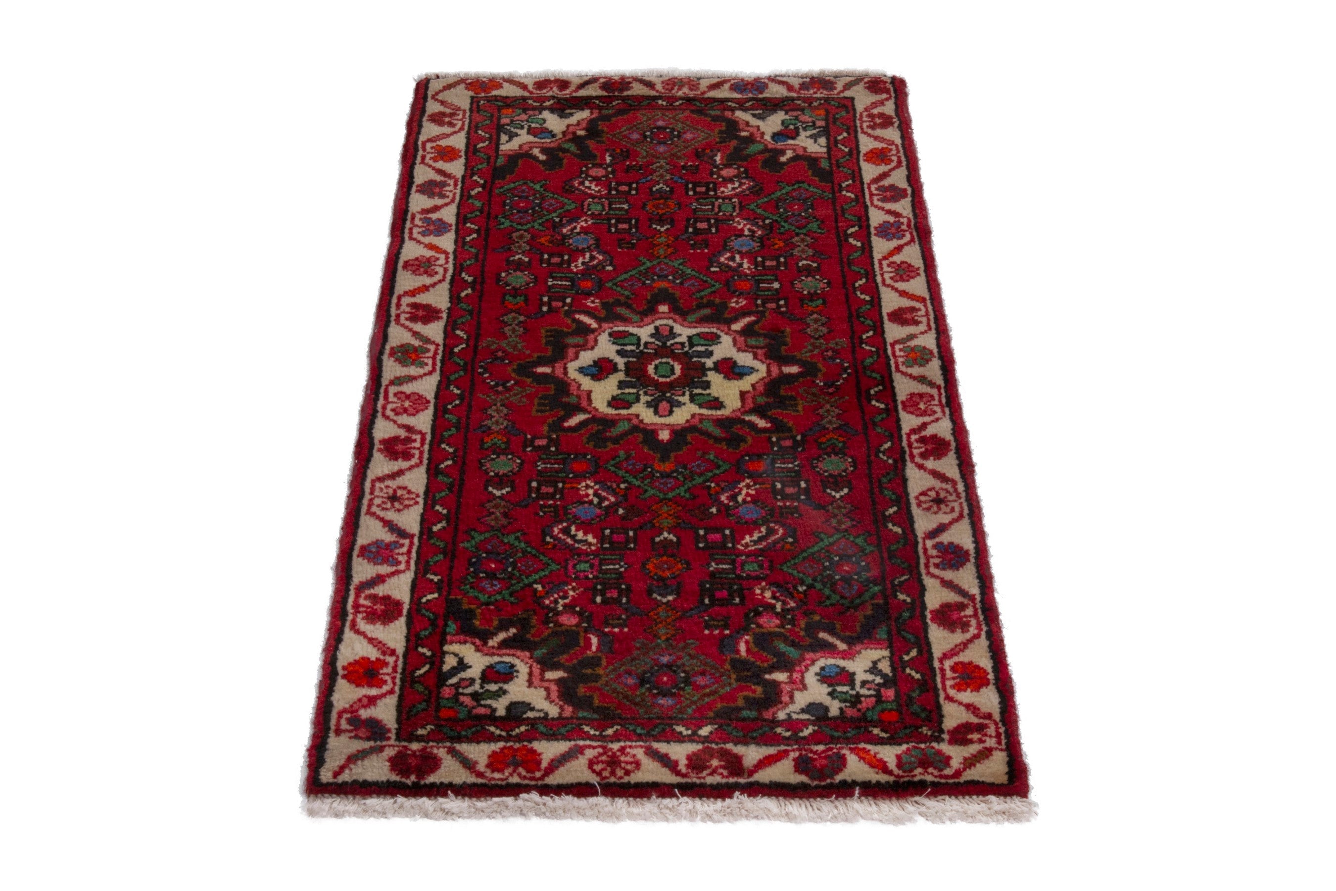 Persian Hamedan accent rug in deep red and cream, view 2 of 7