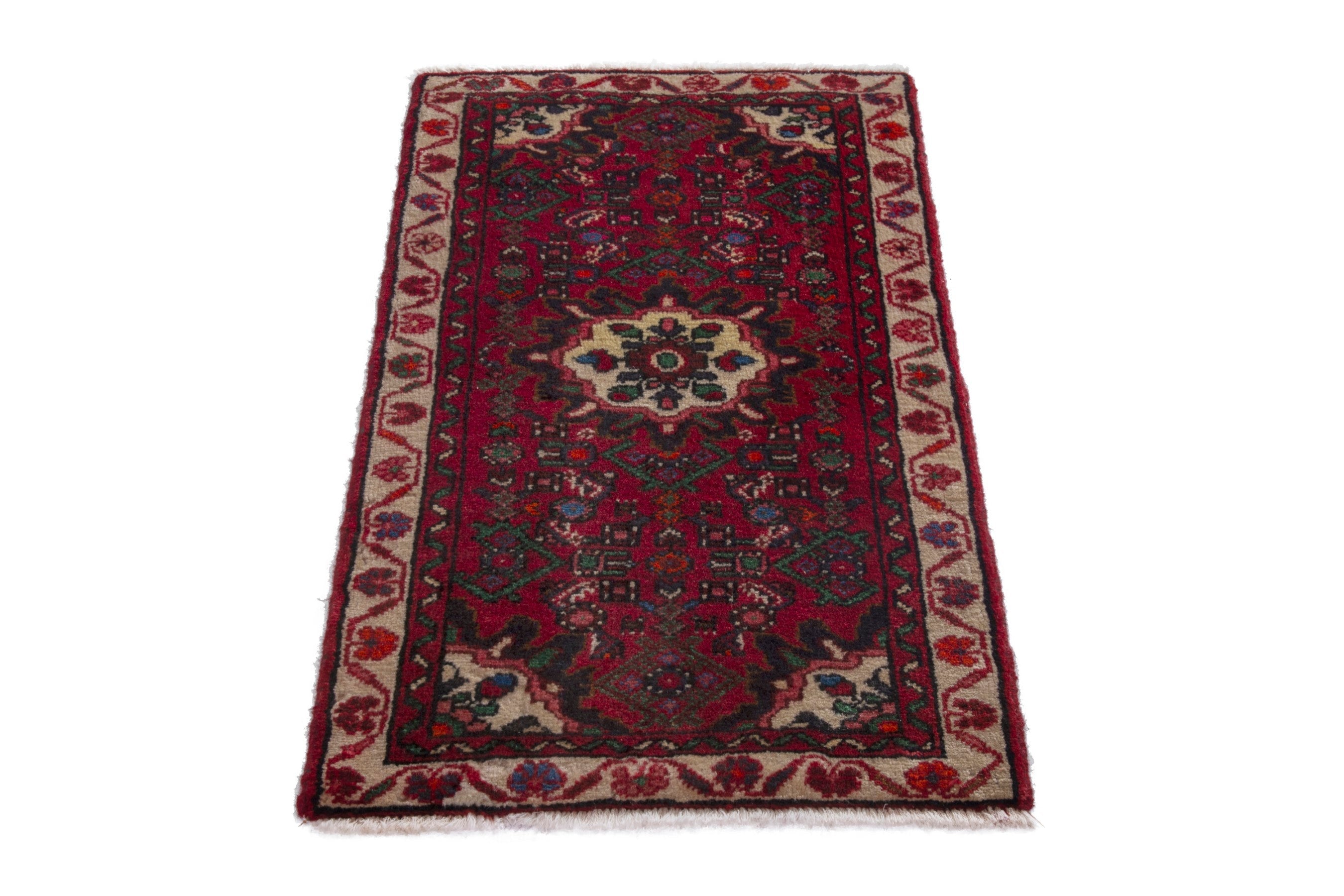 Persian Hamedan accent rug in deep red and cream, view 3 of 7