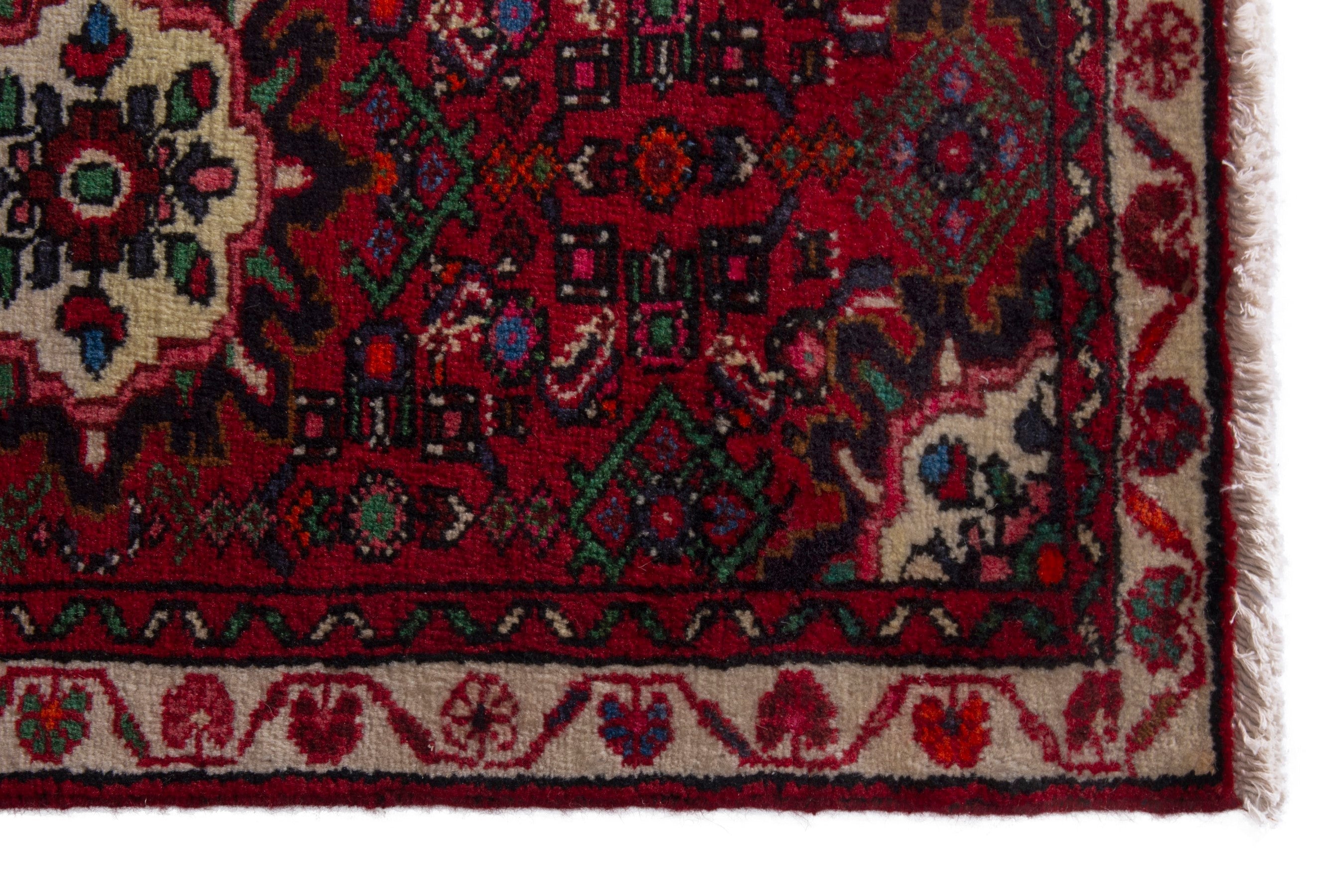 Persian Hamedan accent rug in deep red and cream, view 5 of 7