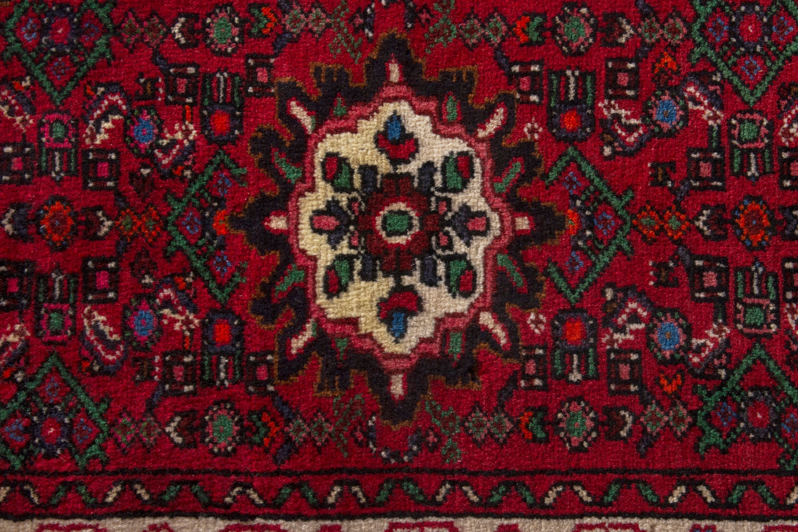Persian Hamedan accent rug in deep red and cream, view 7 of 7