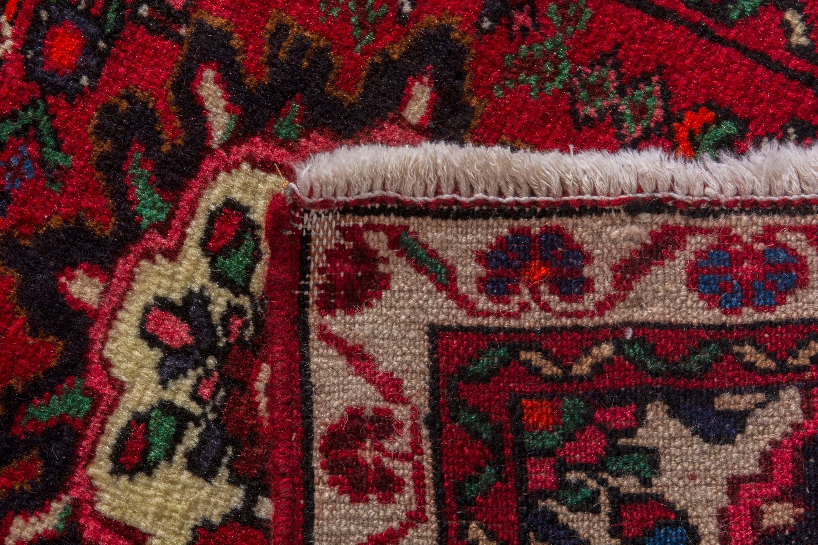 Persian Hamedan accent rug in deep red and cream, view 6 of 7