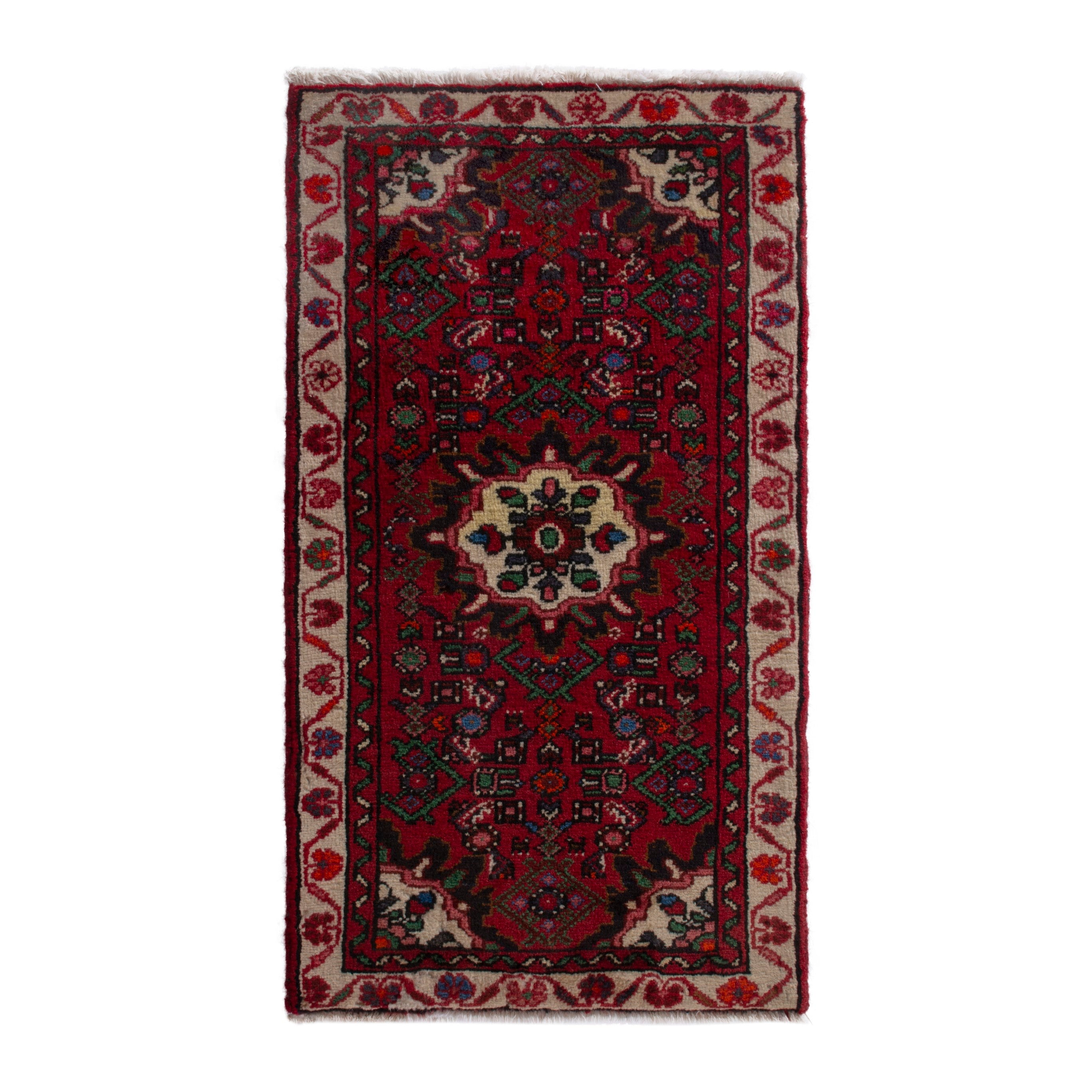 Persian Hamedan accent rug in deep red and cream, 1'10" x 3'5"