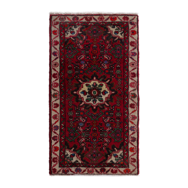 Persian Hamadan accent rug in deep red and cream, 1'10" x 3'5"