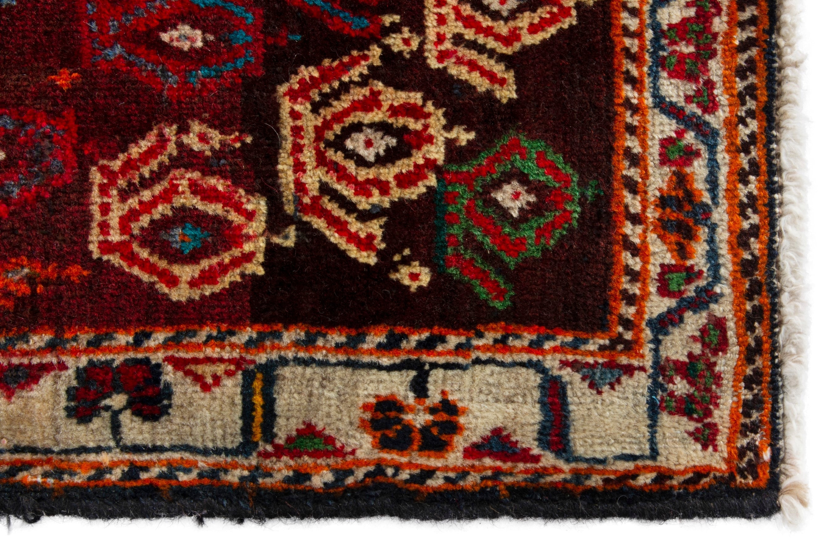 Persian Shiraz accent rug in deep red and burnt orange, view 5 of 8