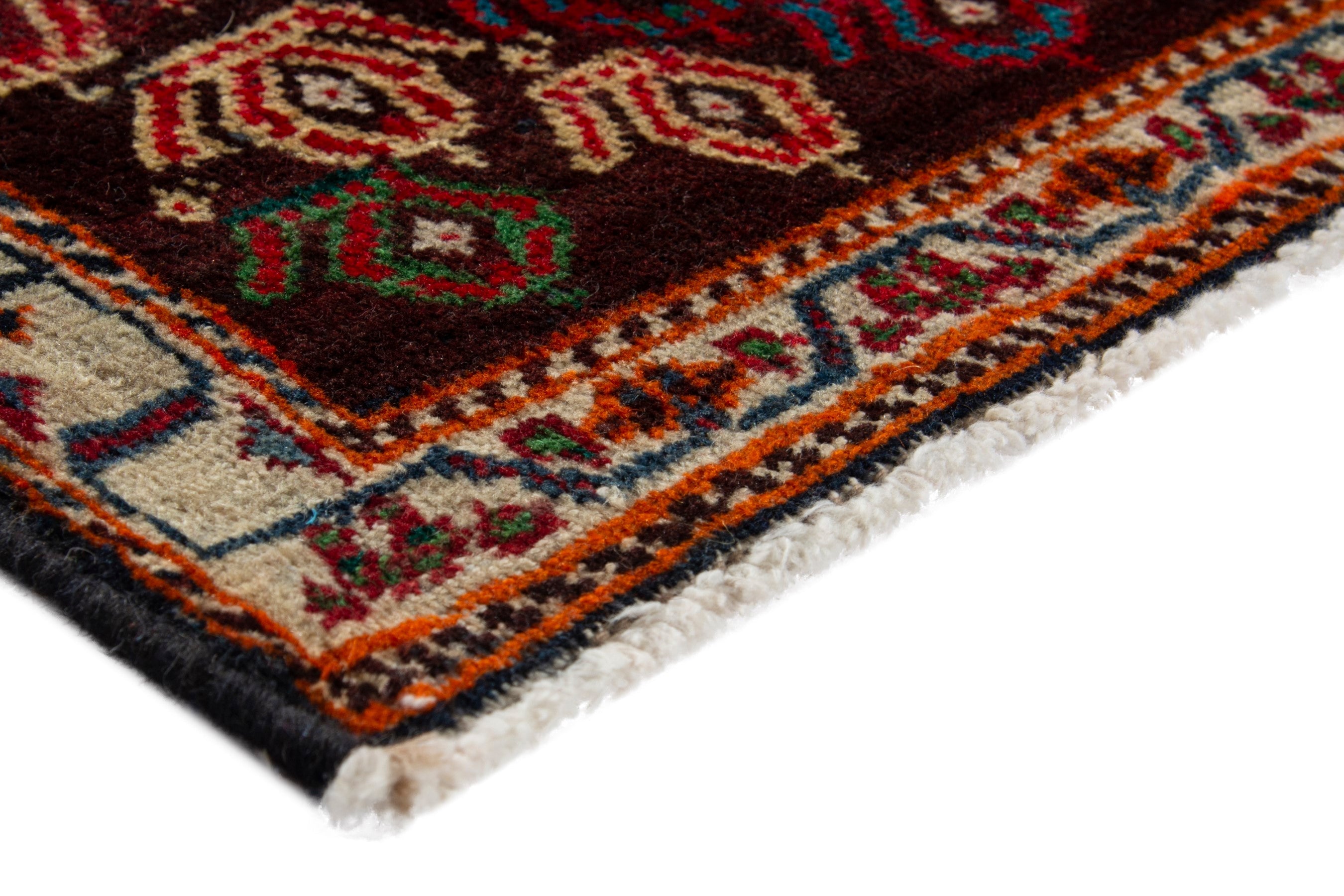 Persian Shiraz accent rug in deep red and burnt orange, view 4 of 8