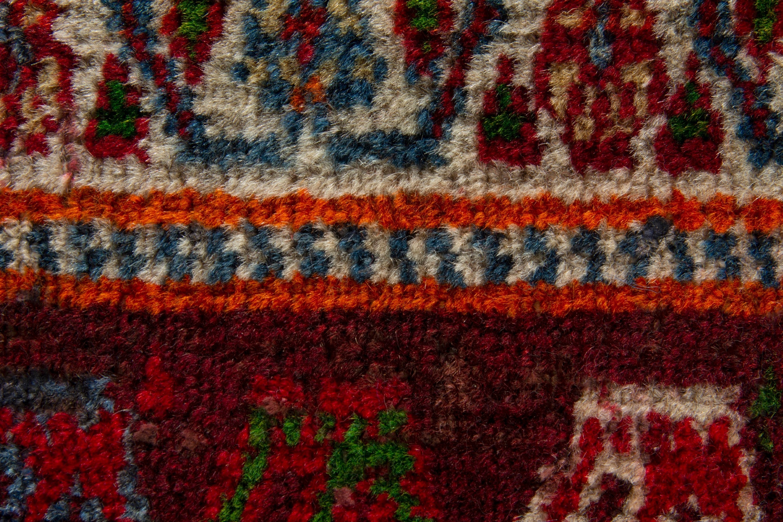Persian Shiraz accent rug in deep red and burnt orange, view 7 of 8