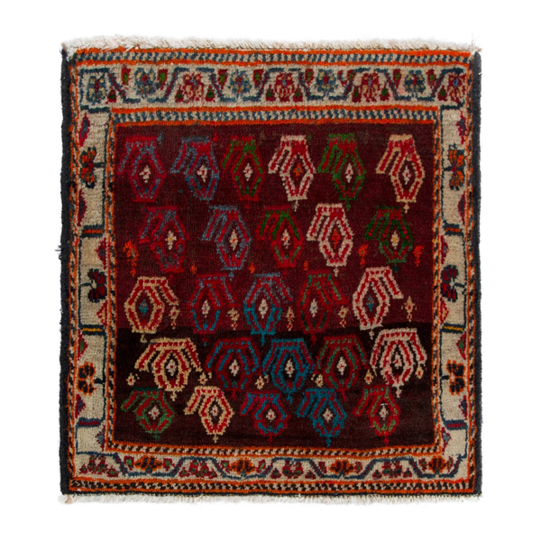 Persian Shiraz accent rug in deep red and burnt orange, 1'7" x 1'7"