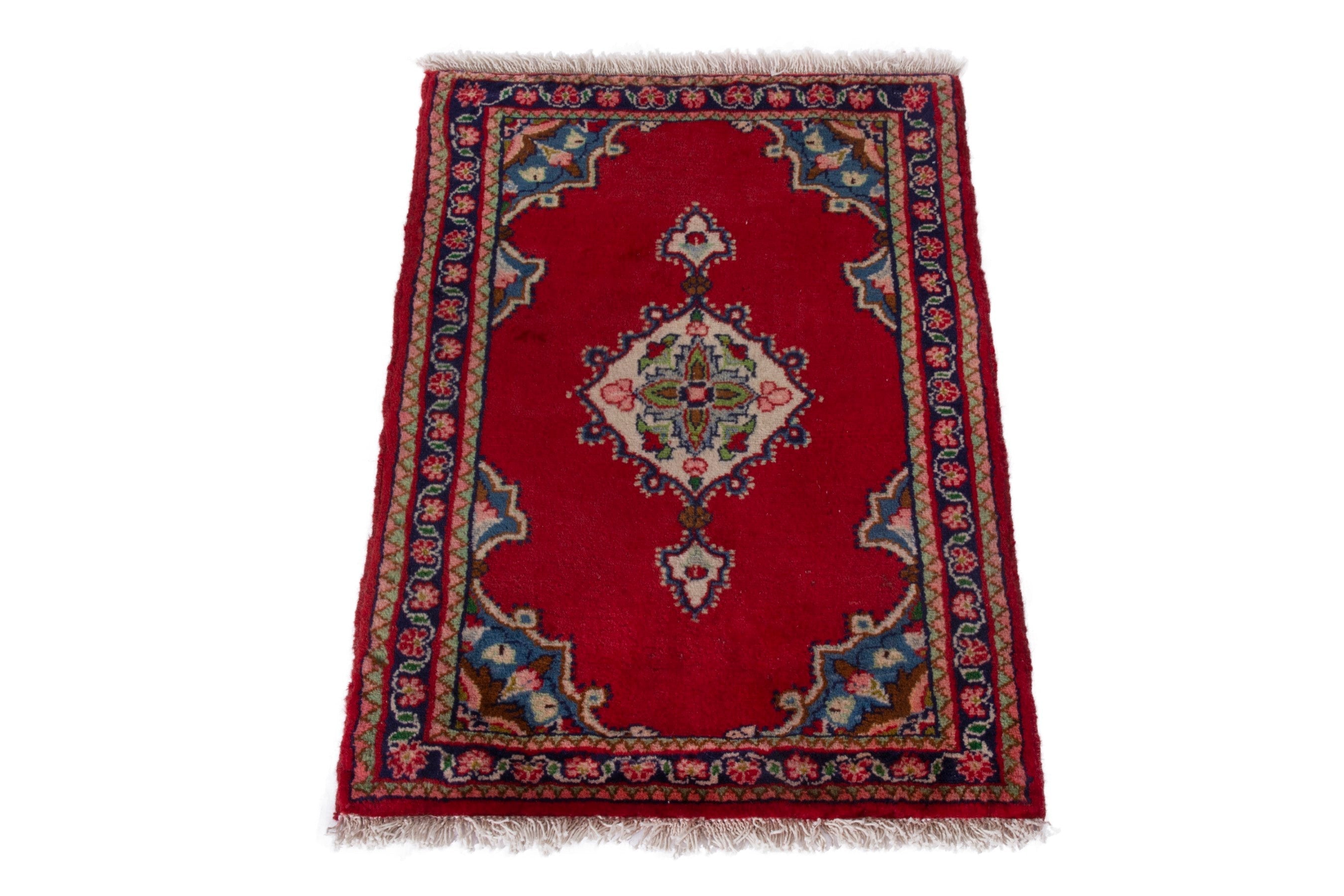 Persian Hamedan accent rug in deep red and navy, view 2 of 7