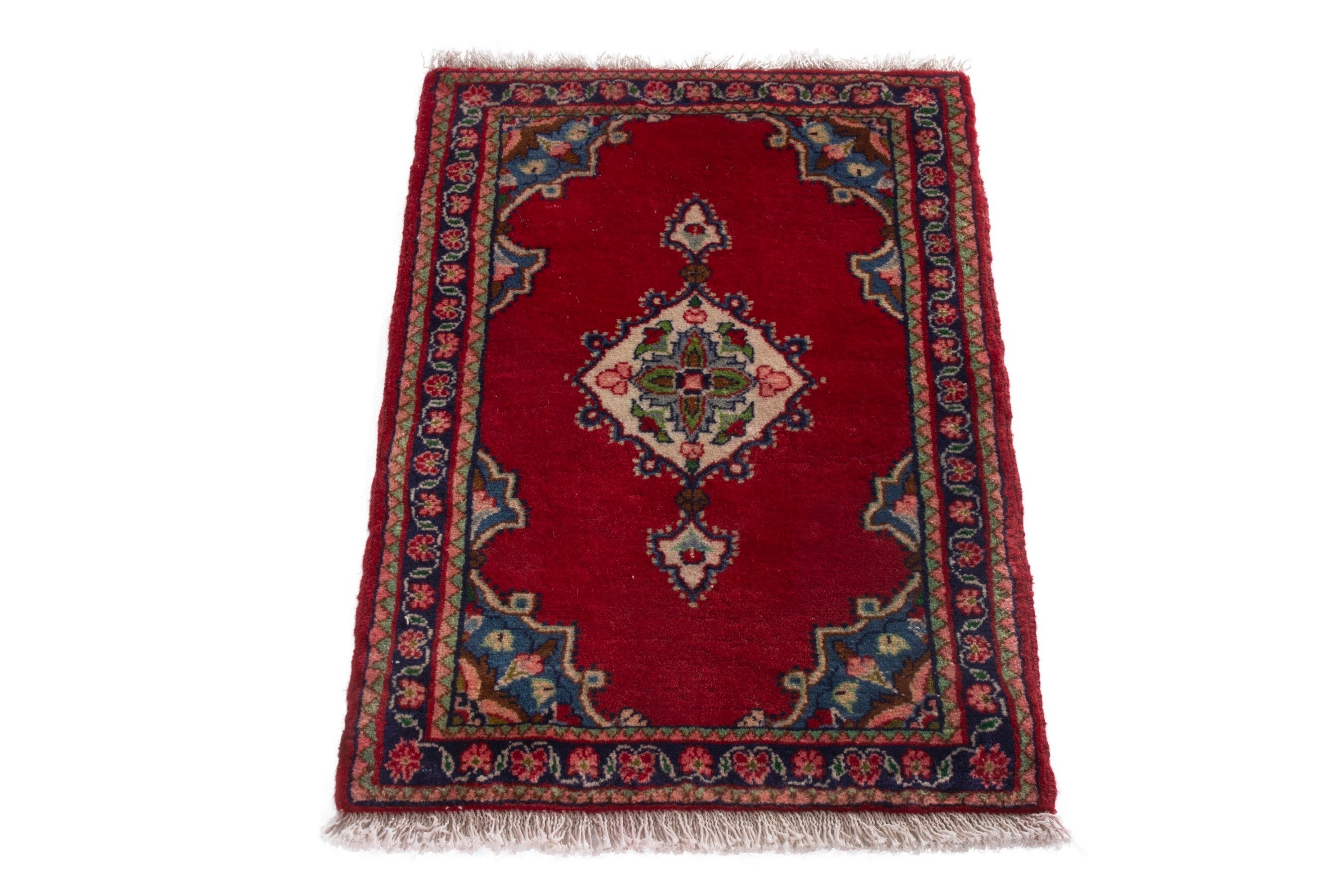 Persian Hamedan accent rug in deep red and navy, view 3 of 7