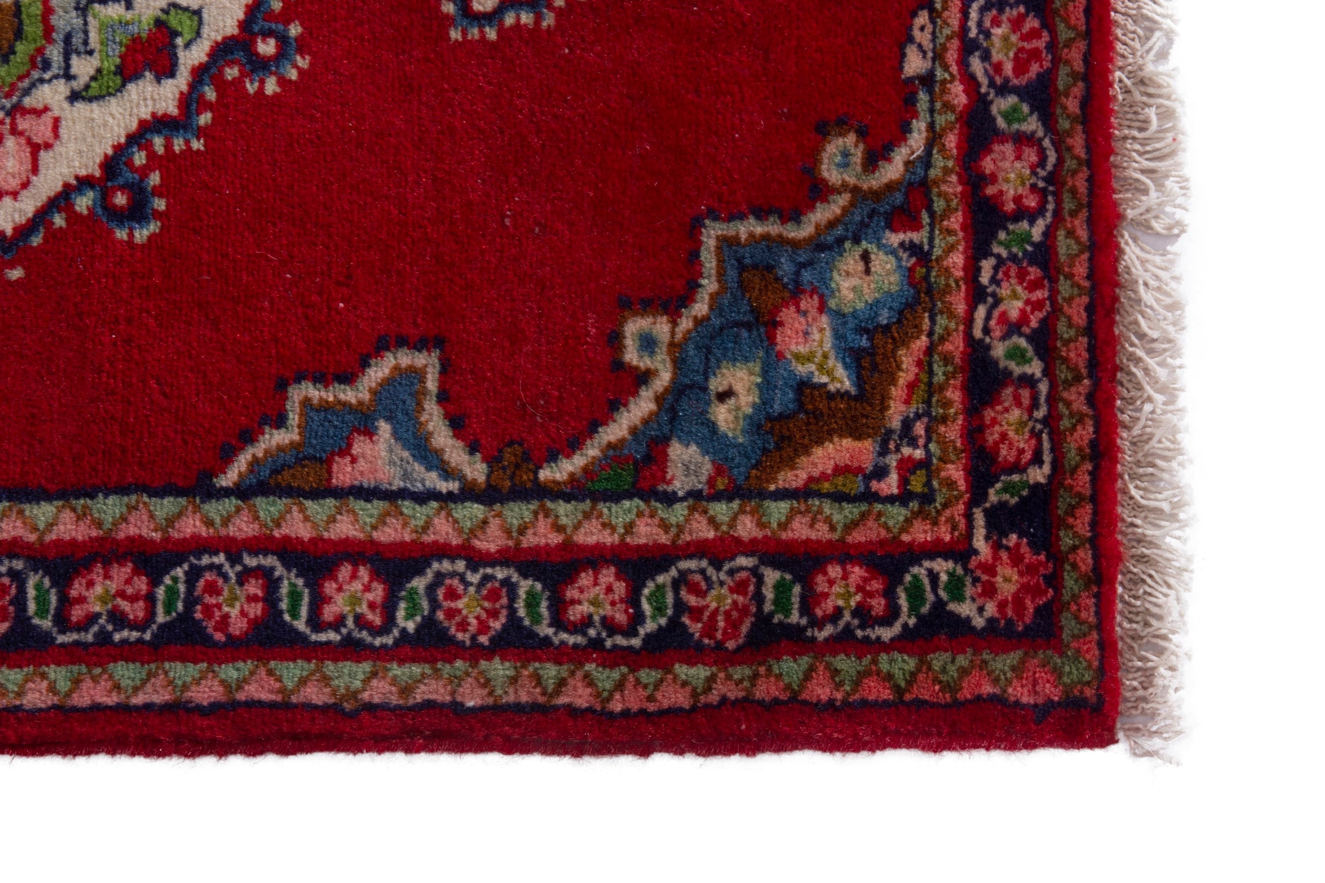 Persian Hamedan accent rug in deep red and navy, view 5 of 7