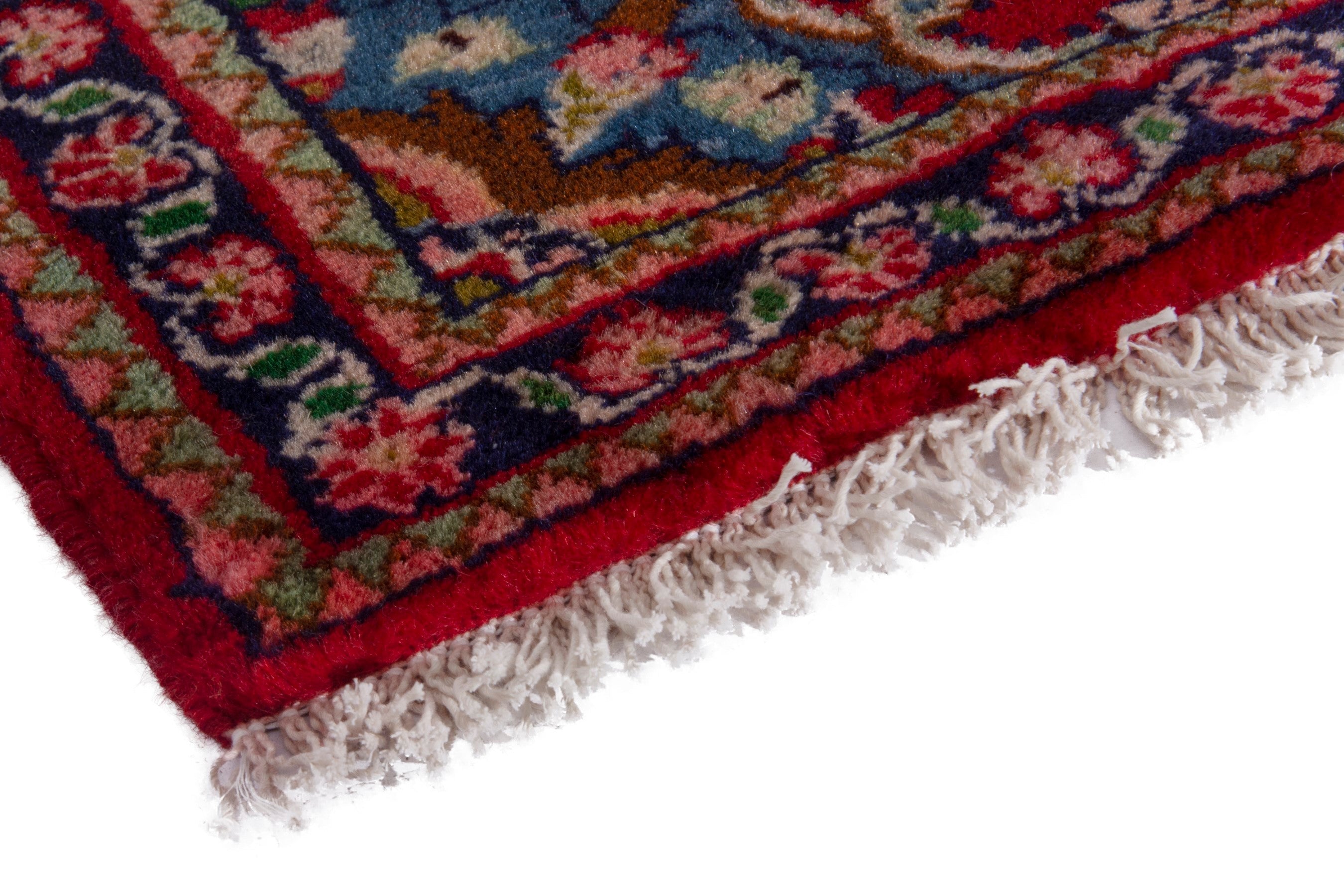 Persian Hamedan accent rug in deep red and navy, view 4 of 7