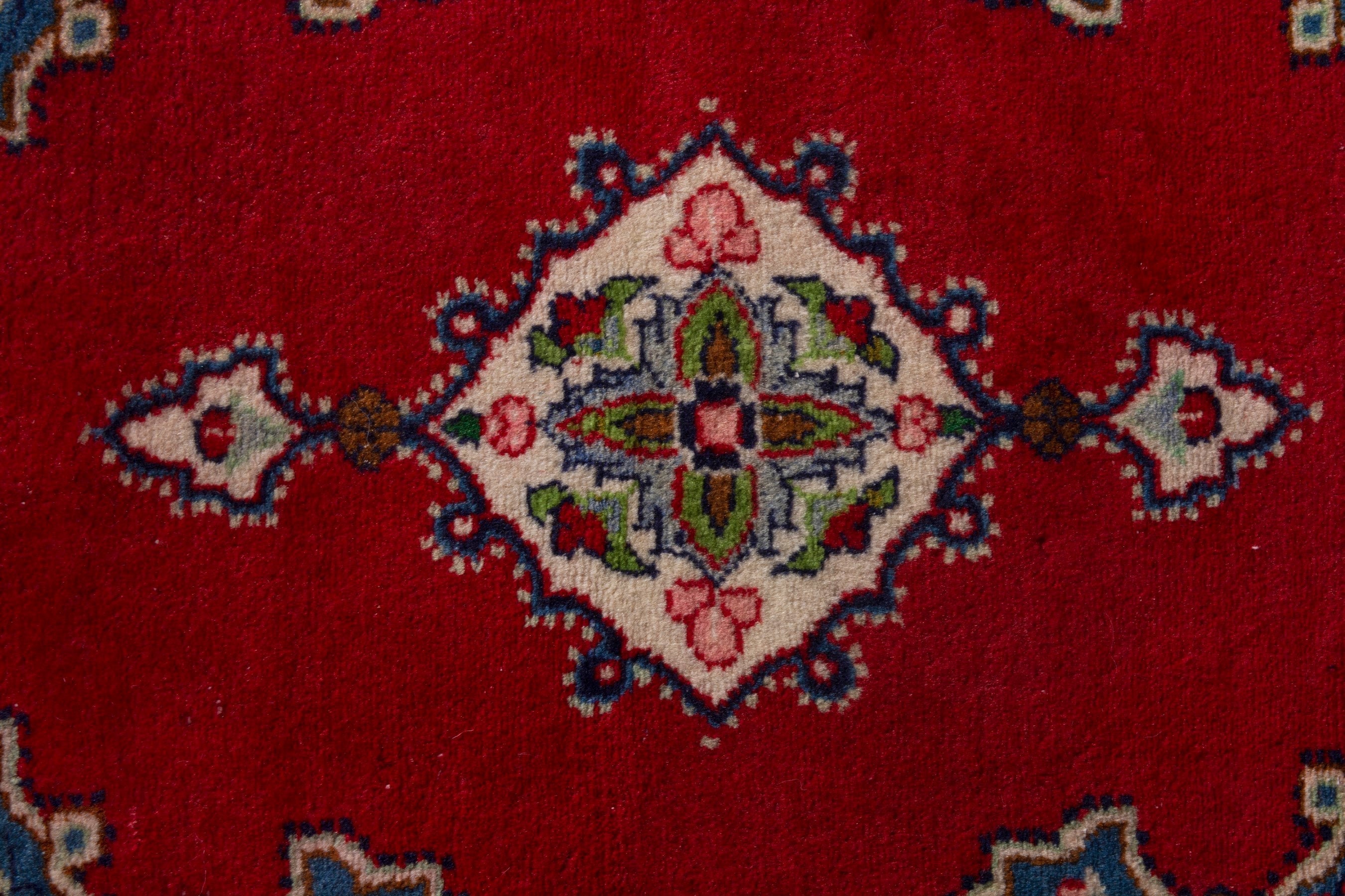 Persian Hamedan accent rug in deep red and navy, view 7 of 7