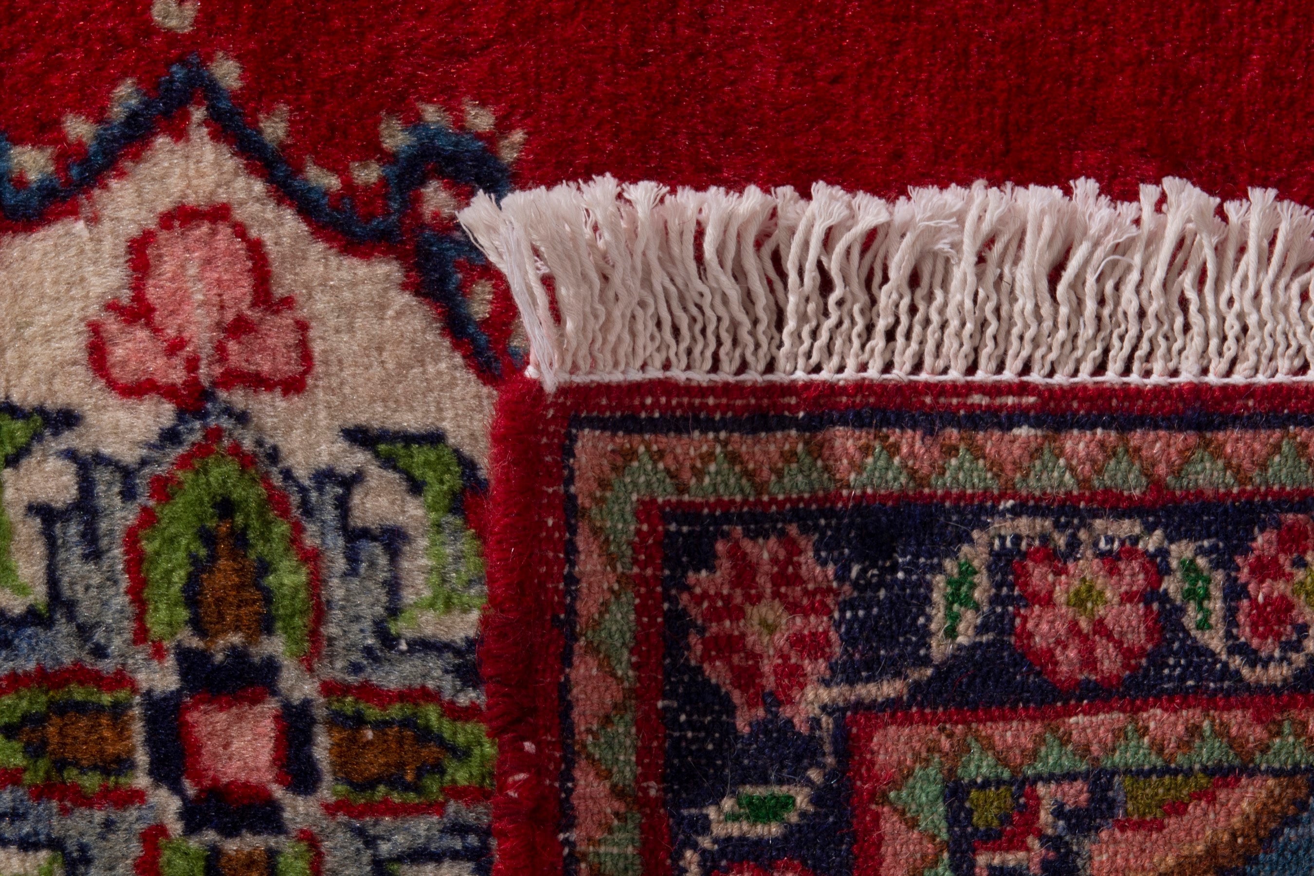 Persian Hamedan accent rug in deep red and navy, view 6 of 7