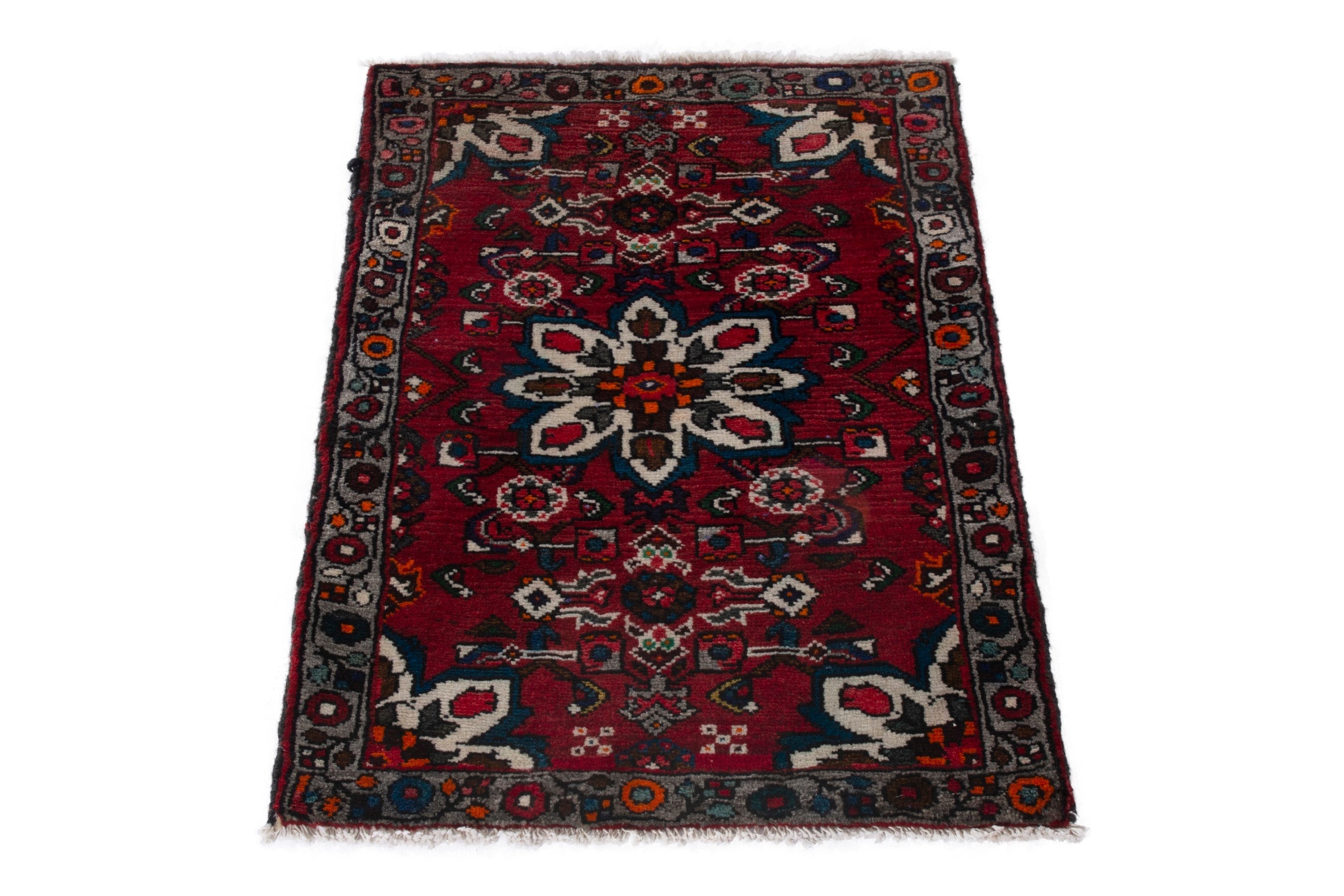 Persian Bakhtiari accent rug in deep red and charcoal, view 2 of 7