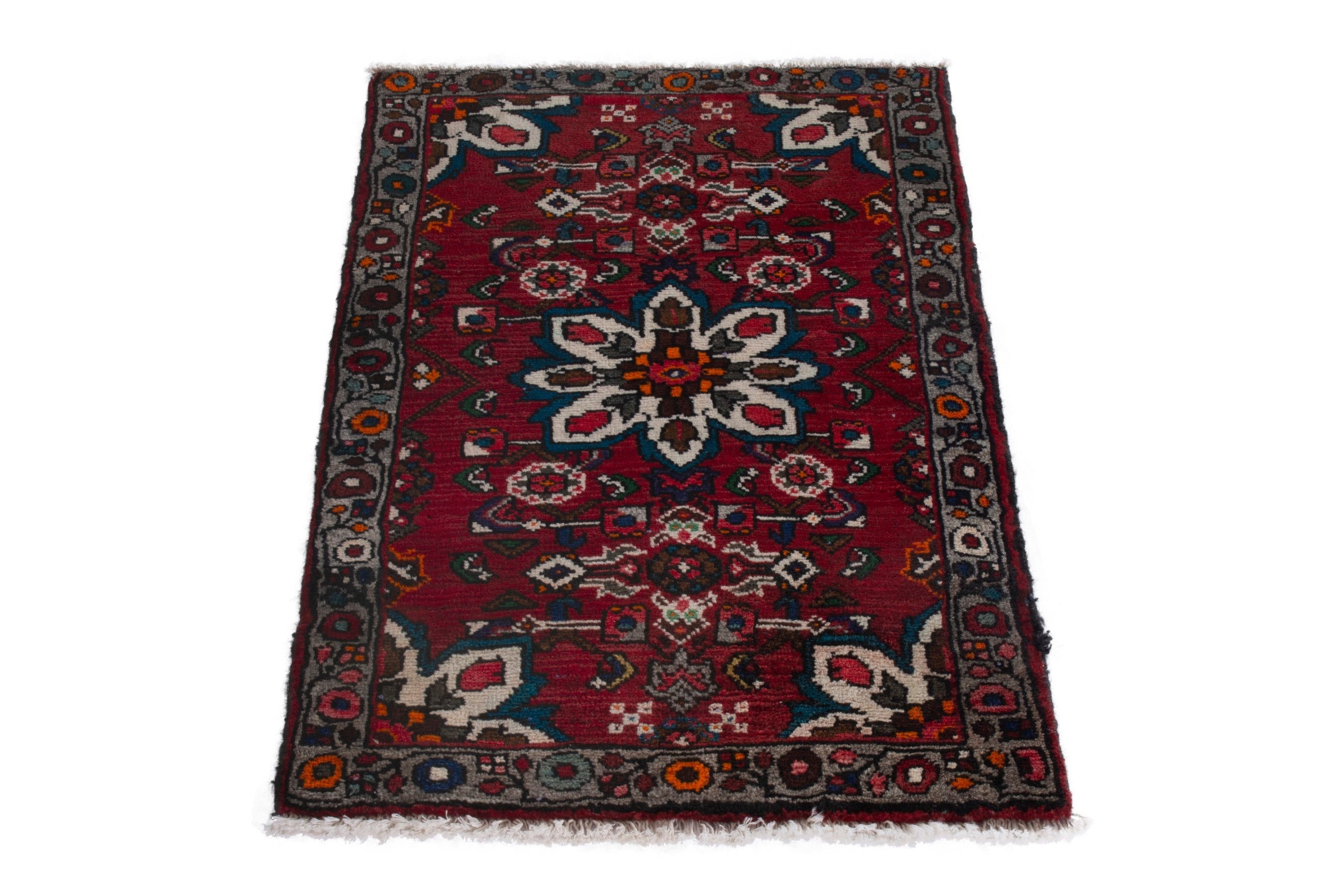 Persian Bakhtiari accent rug in deep red and charcoal, view 3 of 7