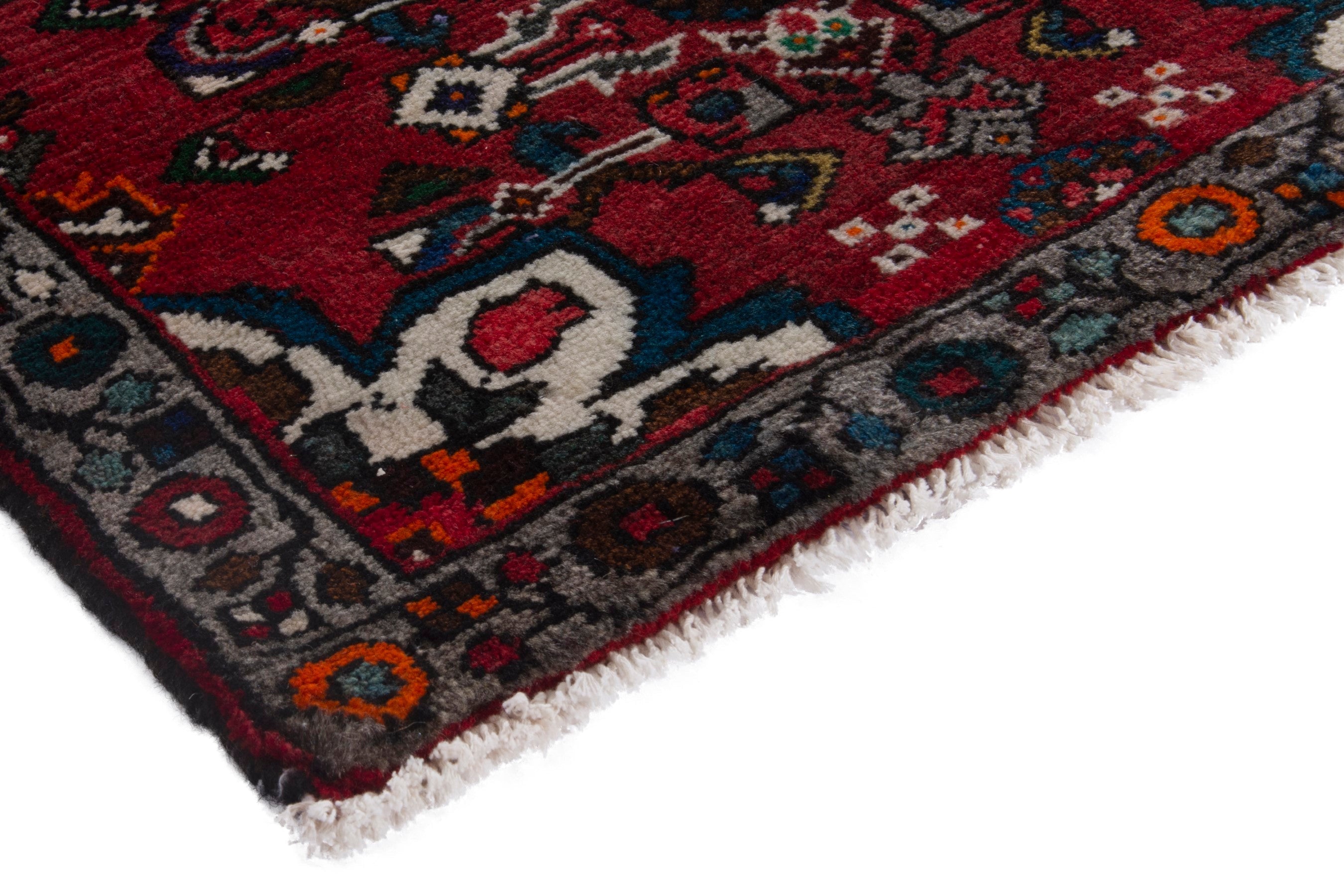 Persian Bakhtiari accent rug in deep red and charcoal, view 4 of 7