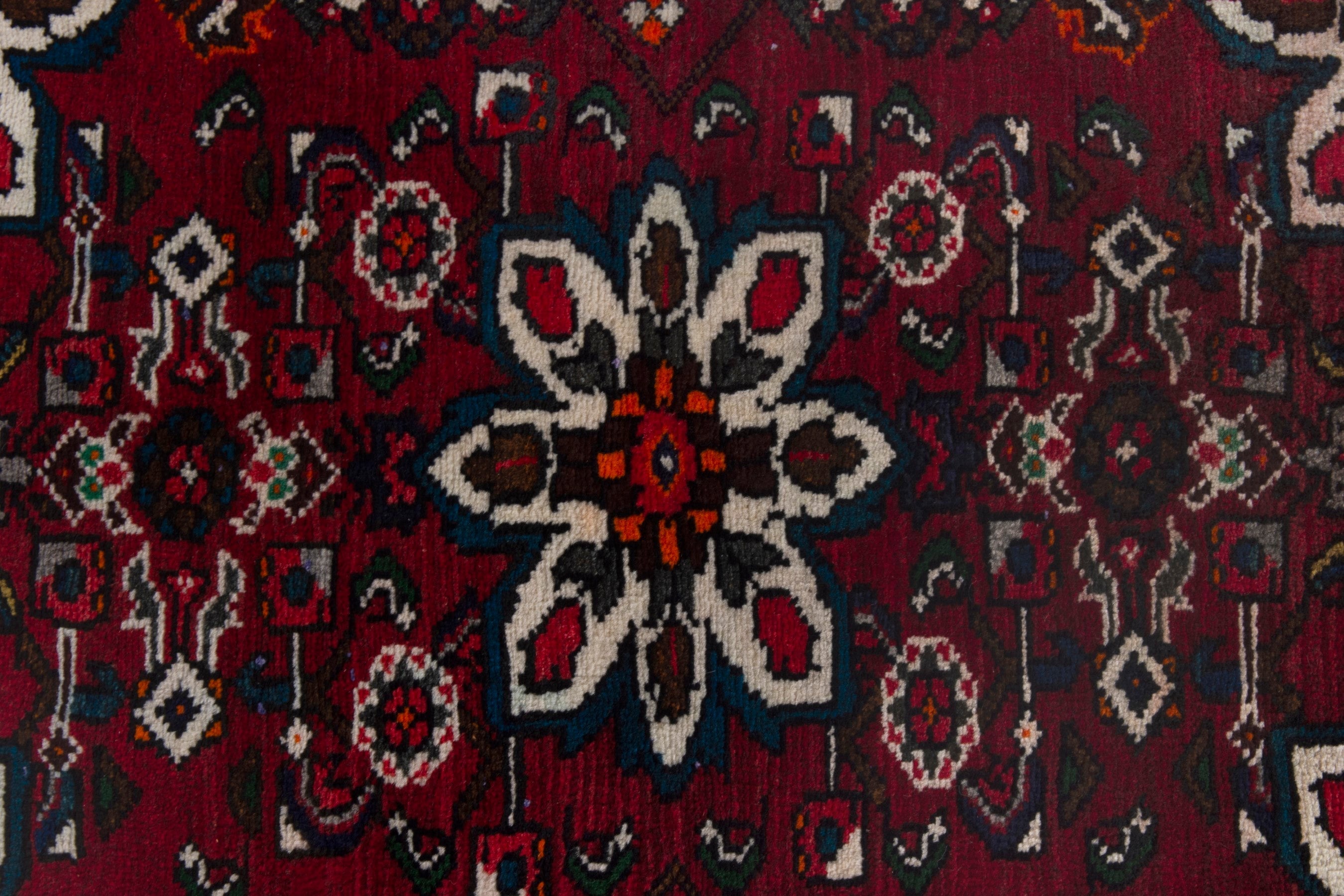 Persian Bakhtiari accent rug in deep red and charcoal, view 7 of 7