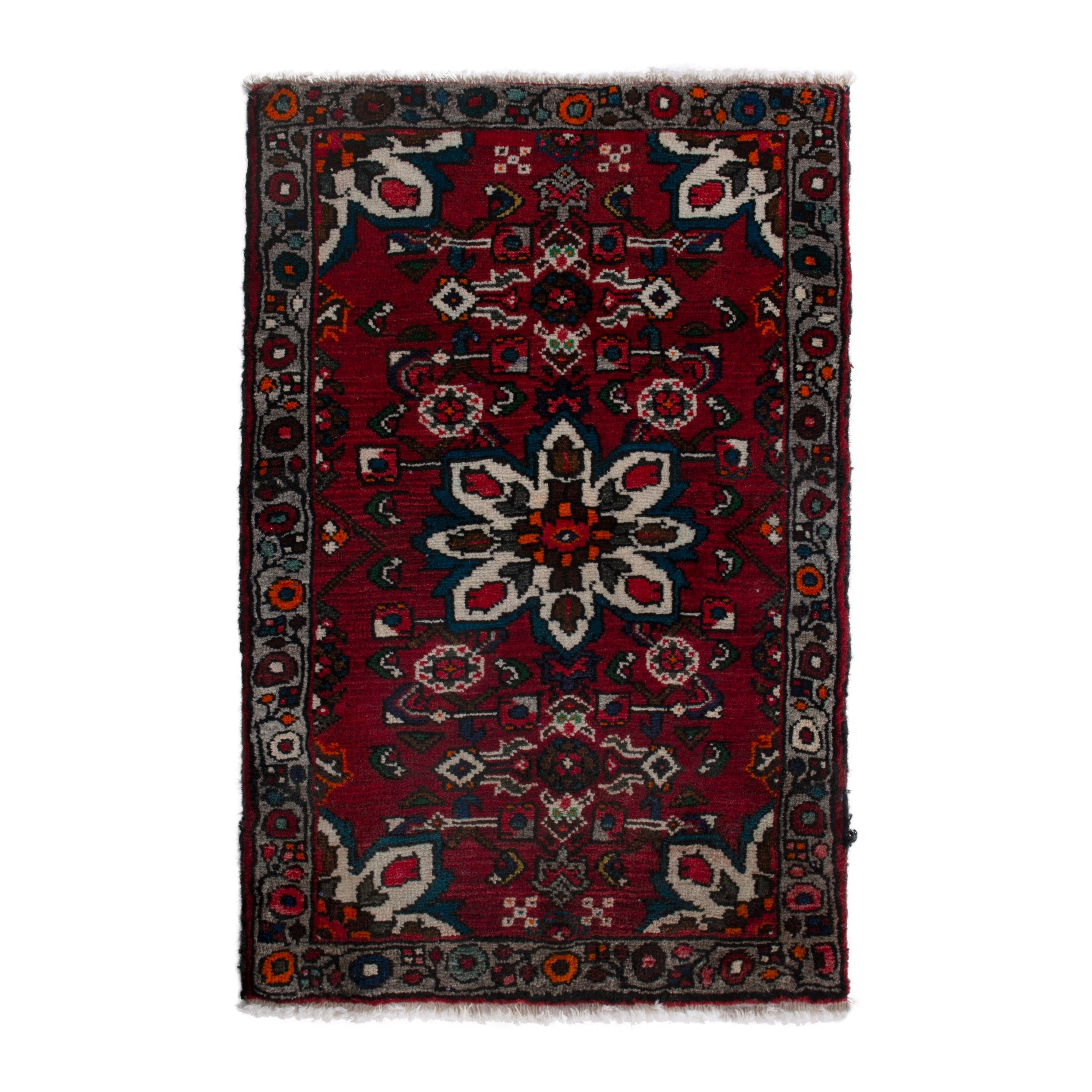 Persian Bakhtiari accent rug in deep red and charcoal, 2'2" x 3'1"