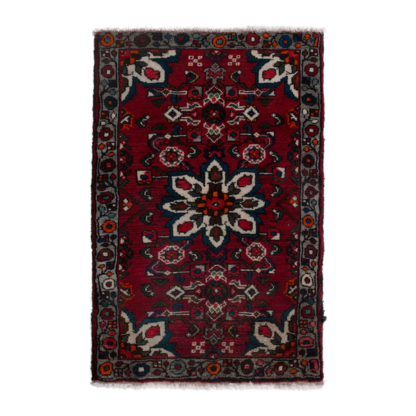 Persian Bakhtiari accent rug in deep red and charcoal, 2'2" x 3'1"