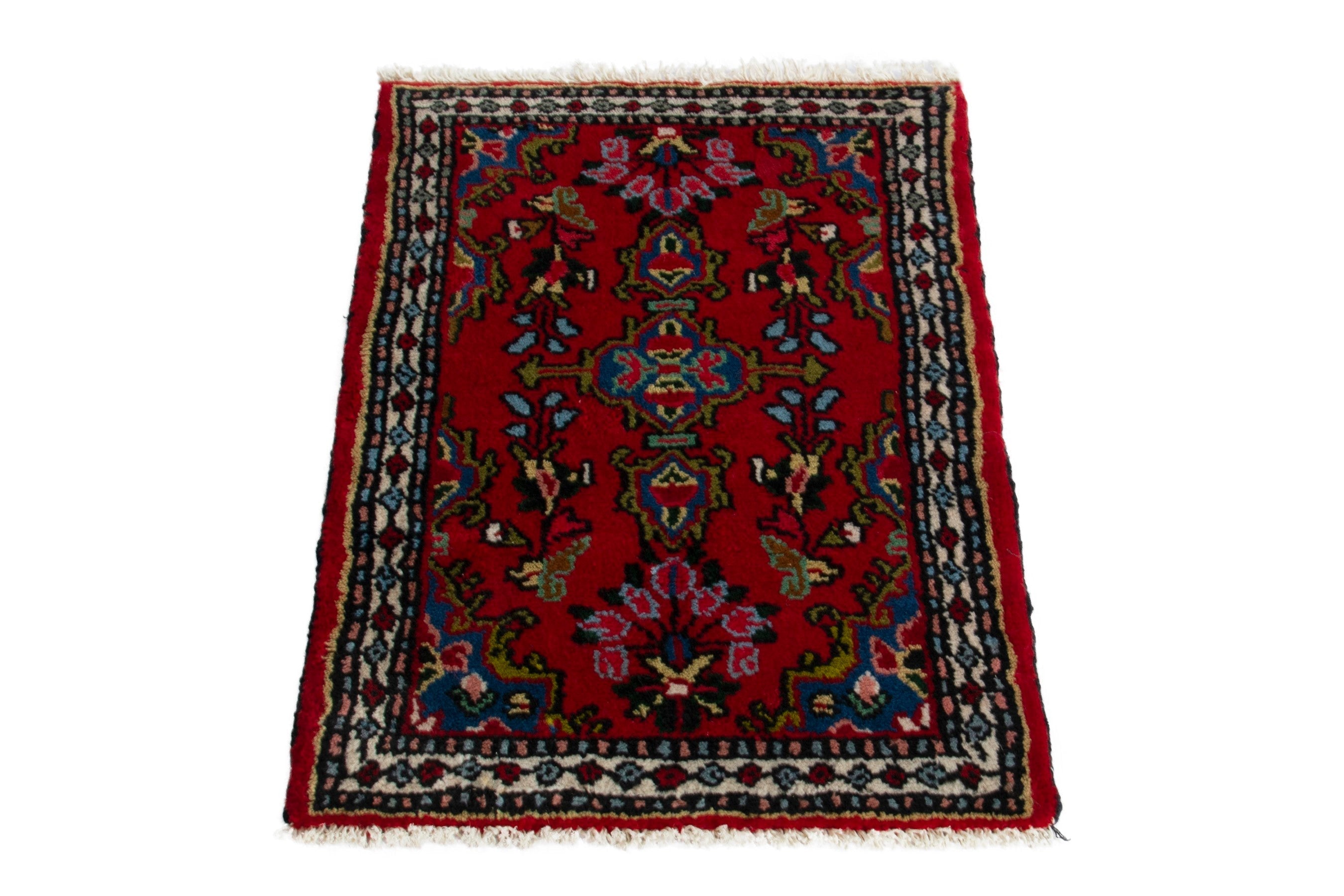 Persian Hamedan accent rug in deep red and cream, view 2 of 9