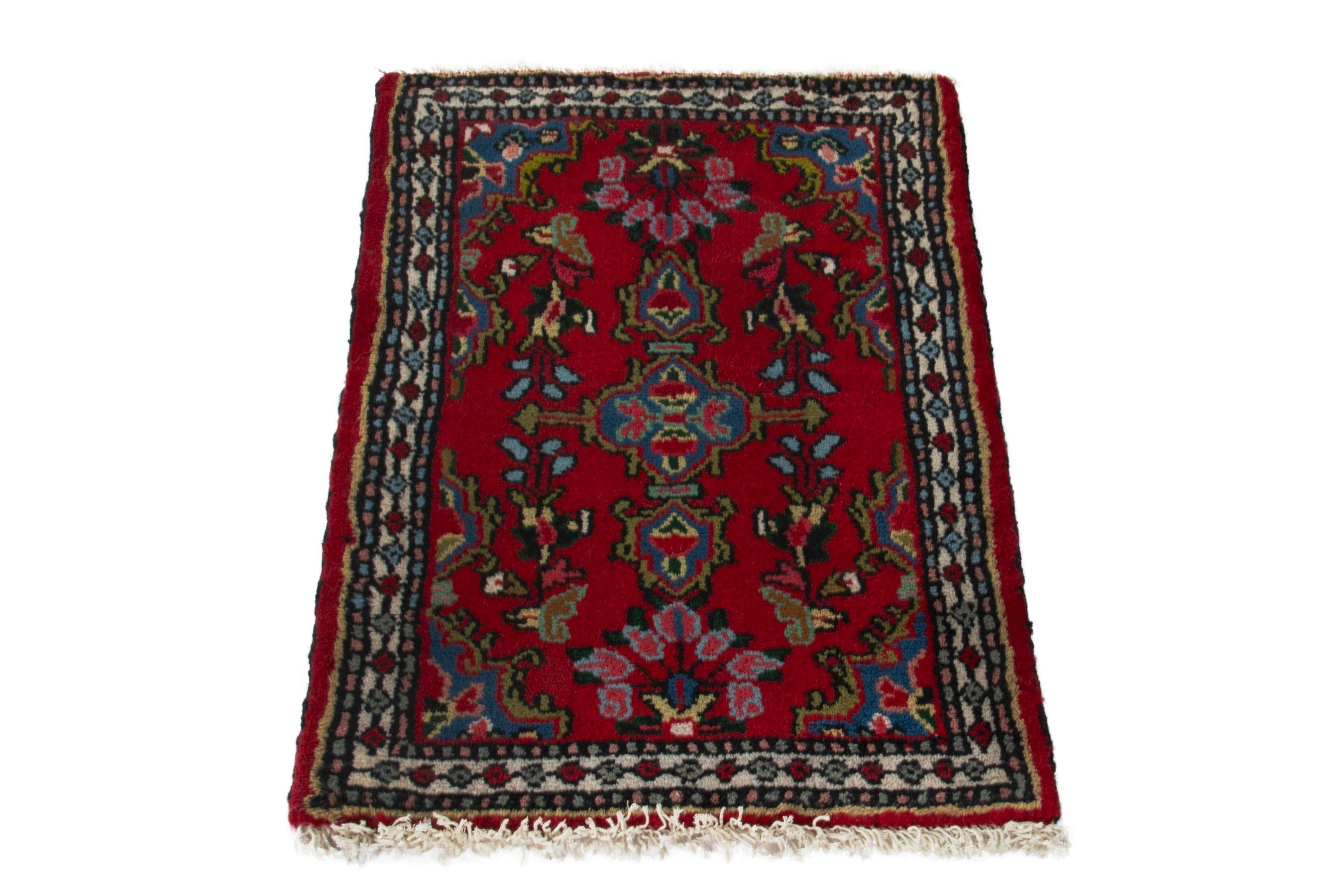 Persian Hamedan accent rug in deep red and cream, view 3 of 9