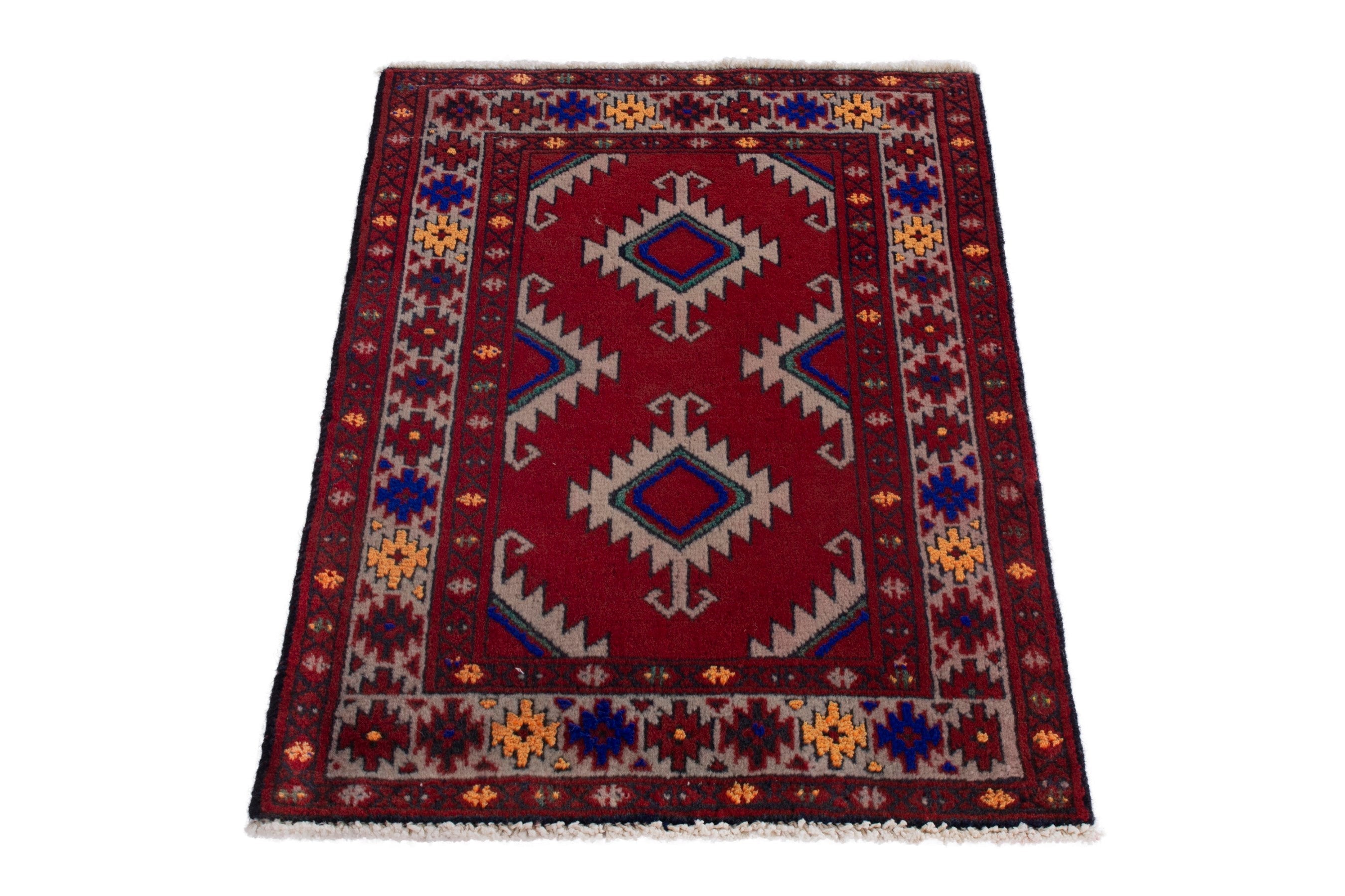 Persian Torkaman accent rug in burgundy and cream, view 3 of 7