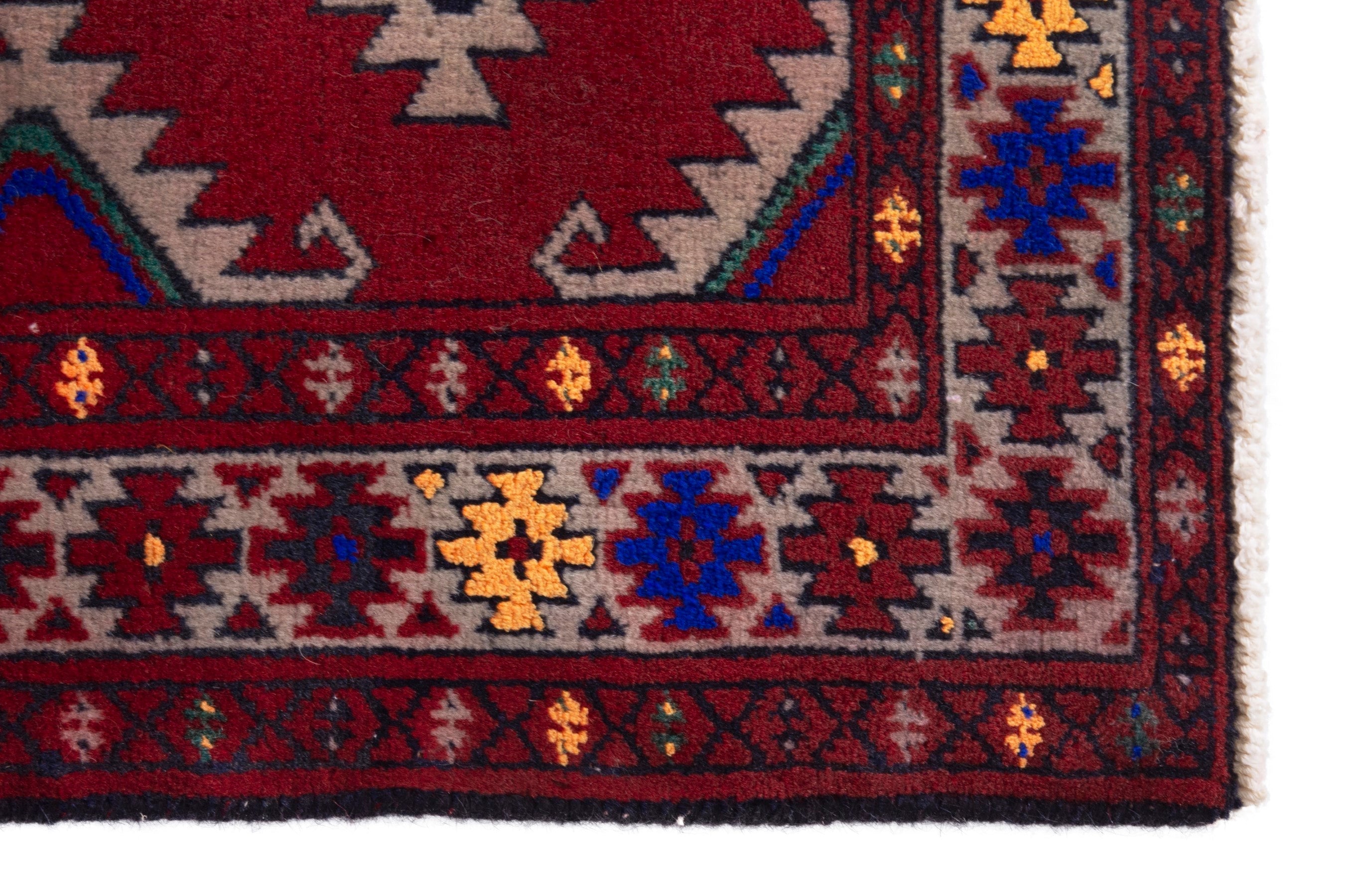 Persian Torkaman accent rug in burgundy and cream, view 5 of 7