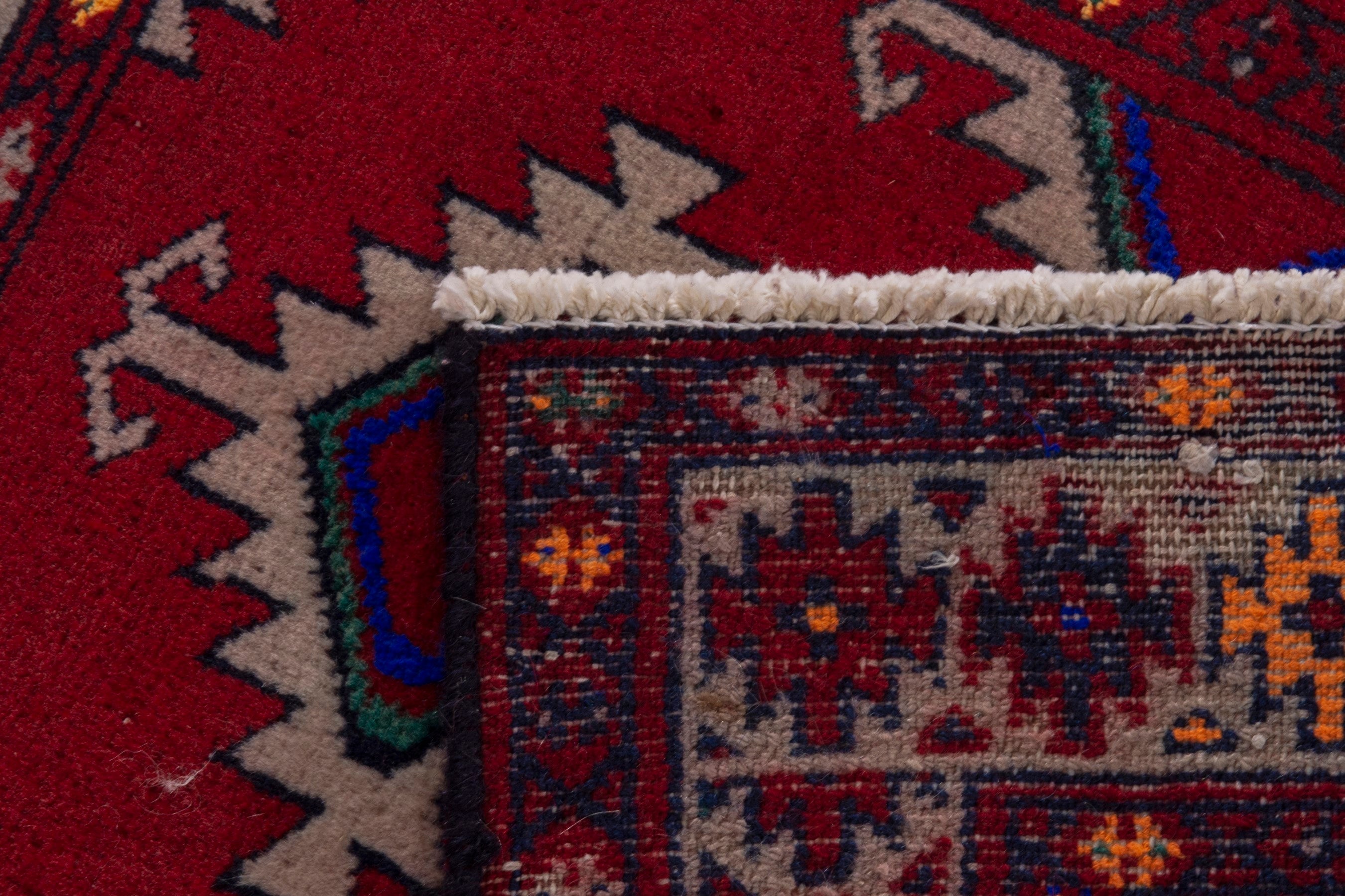Persian Torkaman accent rug in burgundy and cream, view 6 of 7
