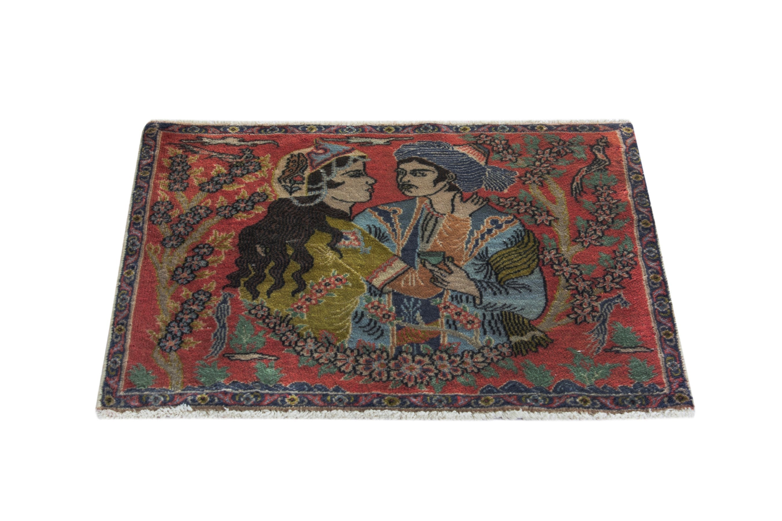 Persian Sarouk accent rug in deep red and navy, view 2 of 9