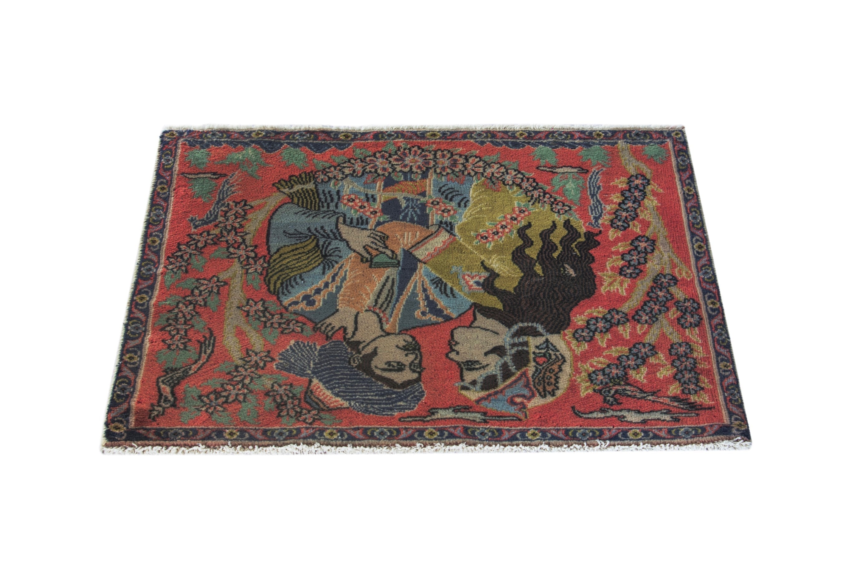 Persian Sarouk accent rug in deep red and navy, view 3 of 9