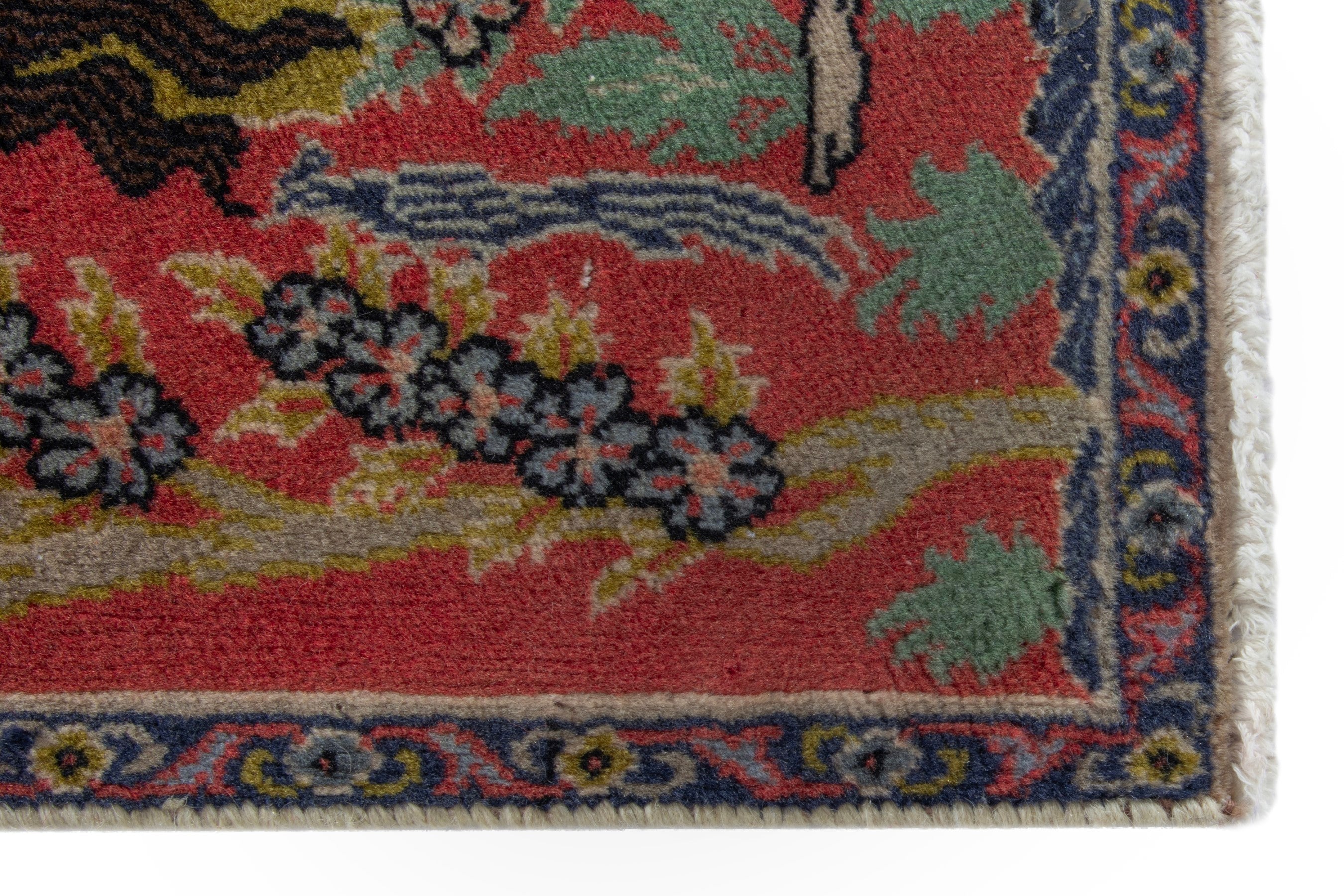Persian Sarouk accent rug in deep red and navy, view 5 of 9
